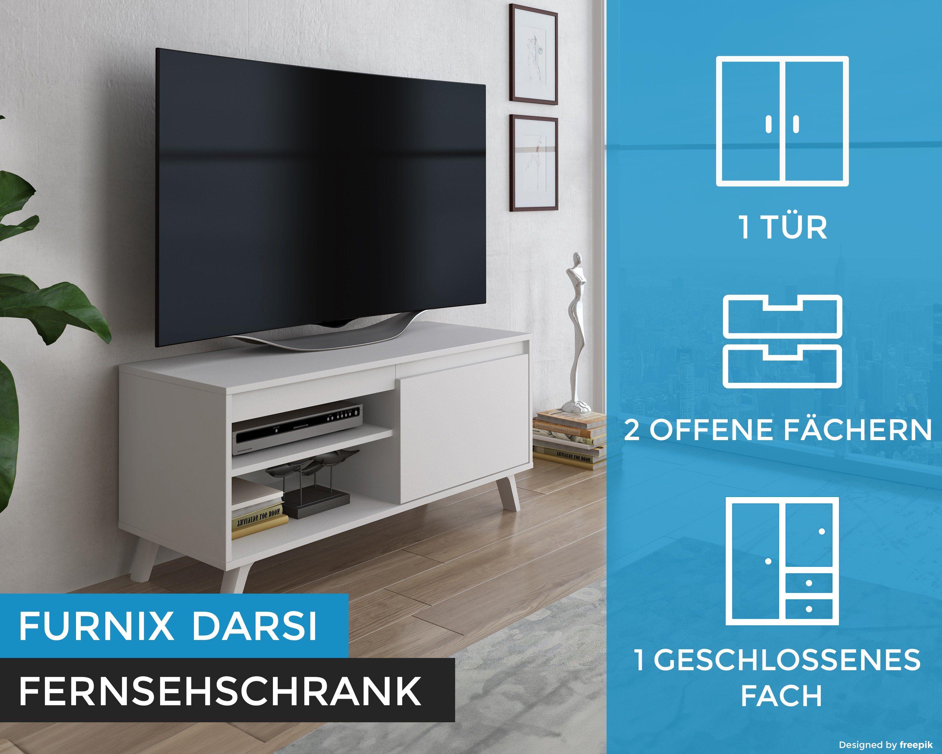 TV-Schrank breit cm Wahl Kommode Design oder Furnix DARSI Lowboard 100 skandinavisches 140 Weiß Fernsehschrank
