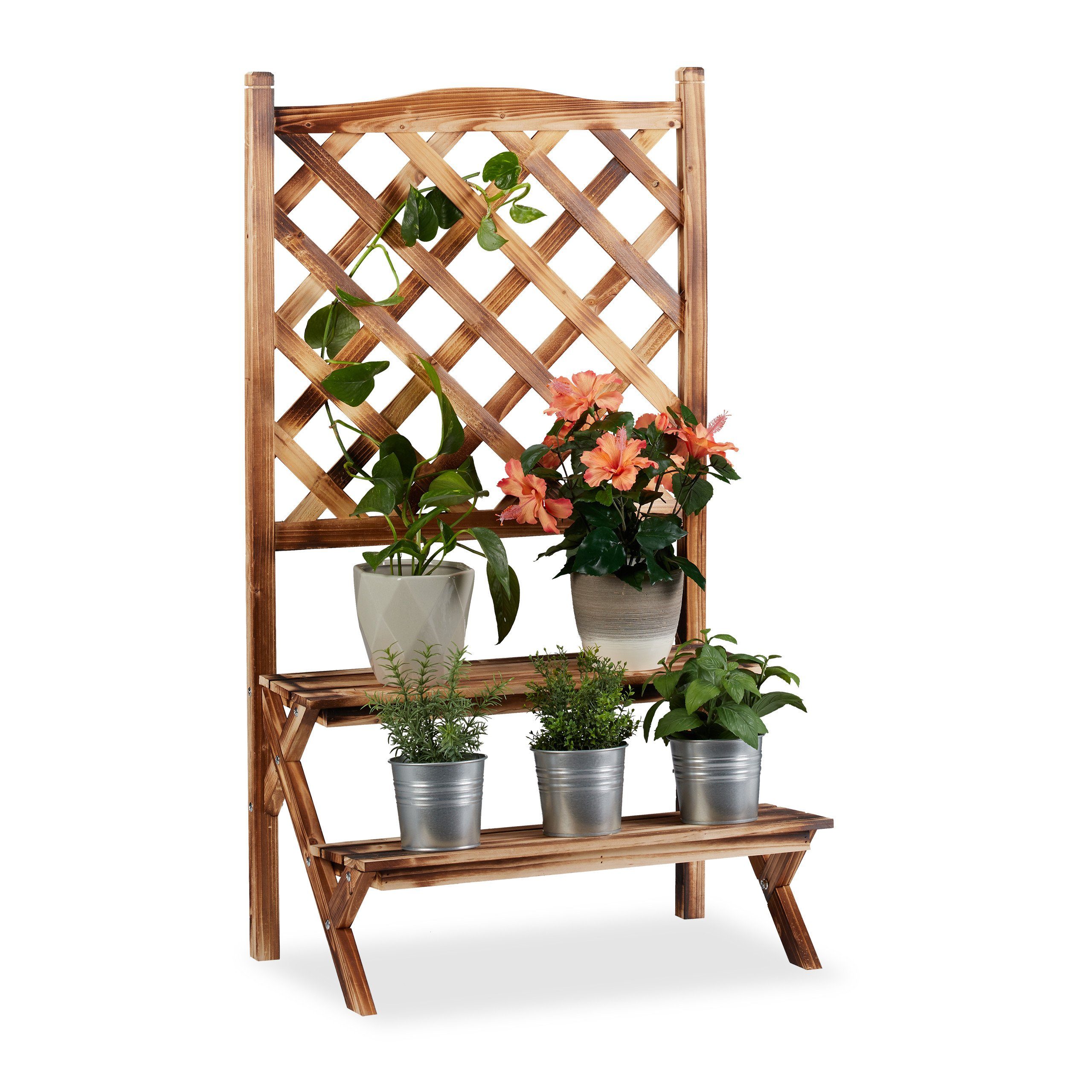 relaxdays Blumenständer Blumentreppe mit Rankgitter gebrannt, günstig online kaufen