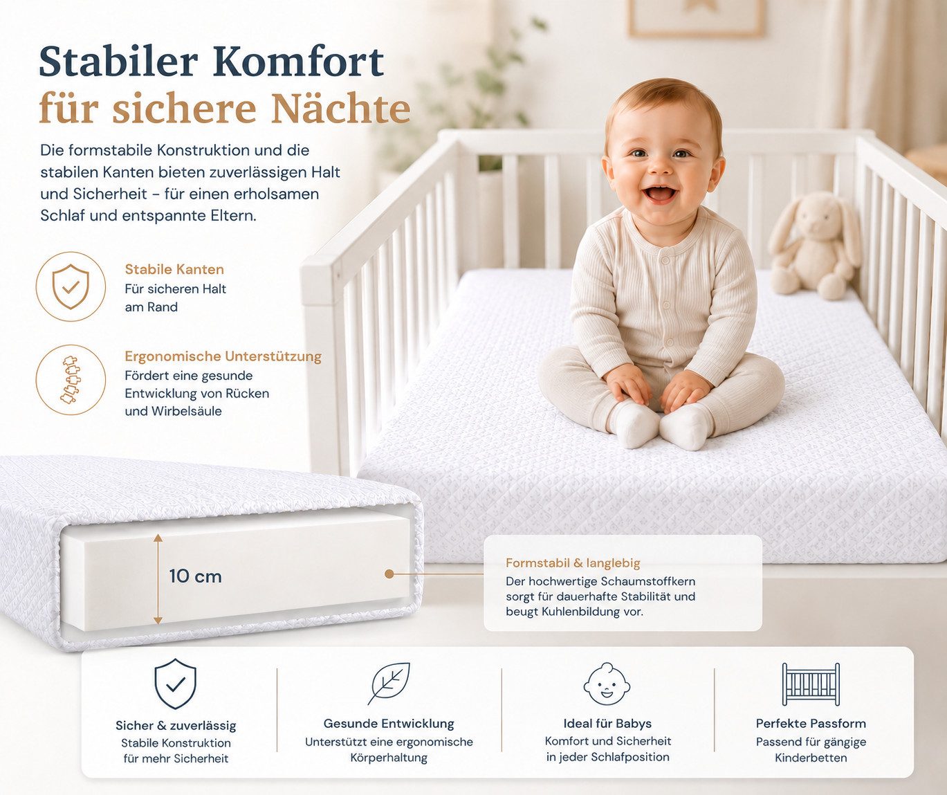 Kindermatratze – Premium, Sicher, Atmungsaktiv & Allergikerfreundlich, Best for Kids, 10 cm hoch, (Kindermatratze, 1x Kinder Matratze), allergikerfreundlich, schadstoffgeprüft, mittlerer Härtegrad