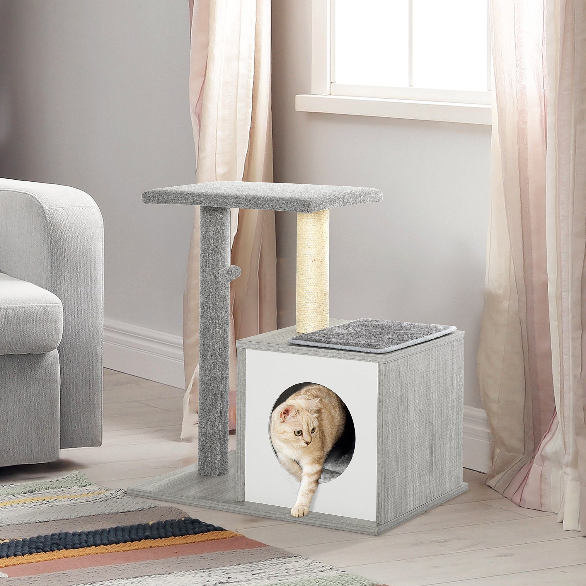 PawHut Kratzbaum Katzenbaum Kletterbaum Kätzchen Möbel mit Katzenhöhle, Grau&Weiß, 59L x 39B x 62H cm