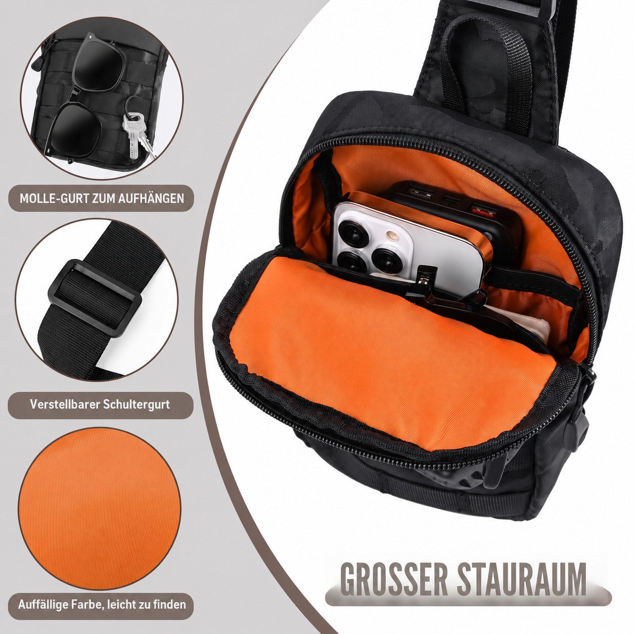 nsihing Umhängetasche Herren Umhängetasche, Taktische Brusttasche mit Kompaktem Design, Wasserabweisend für Reise, Arbeit, Sport & Alltag