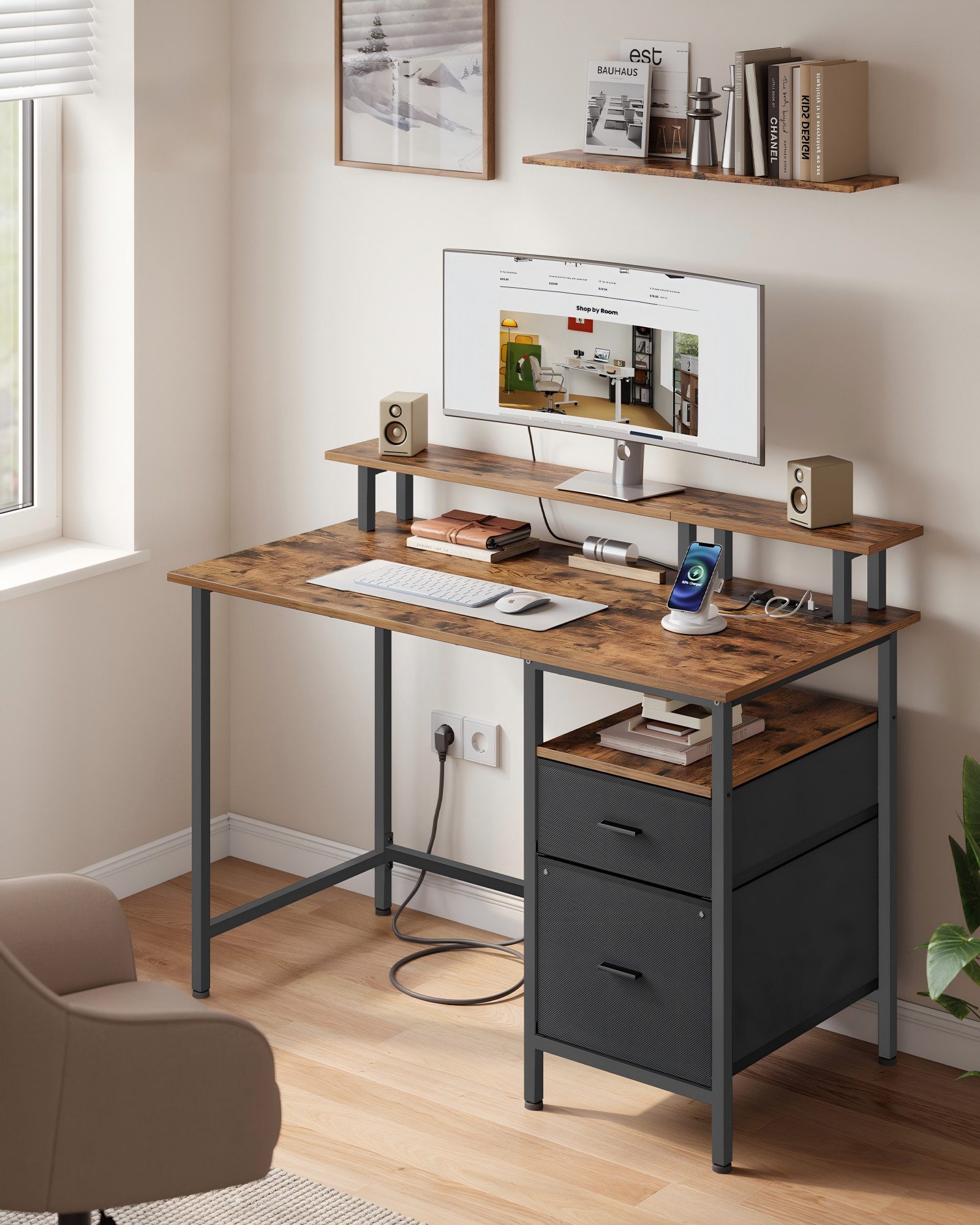 Schreibtisch mit Stoff-Schubladen, Computertisch mit Monitorständer, für Homeoffice
