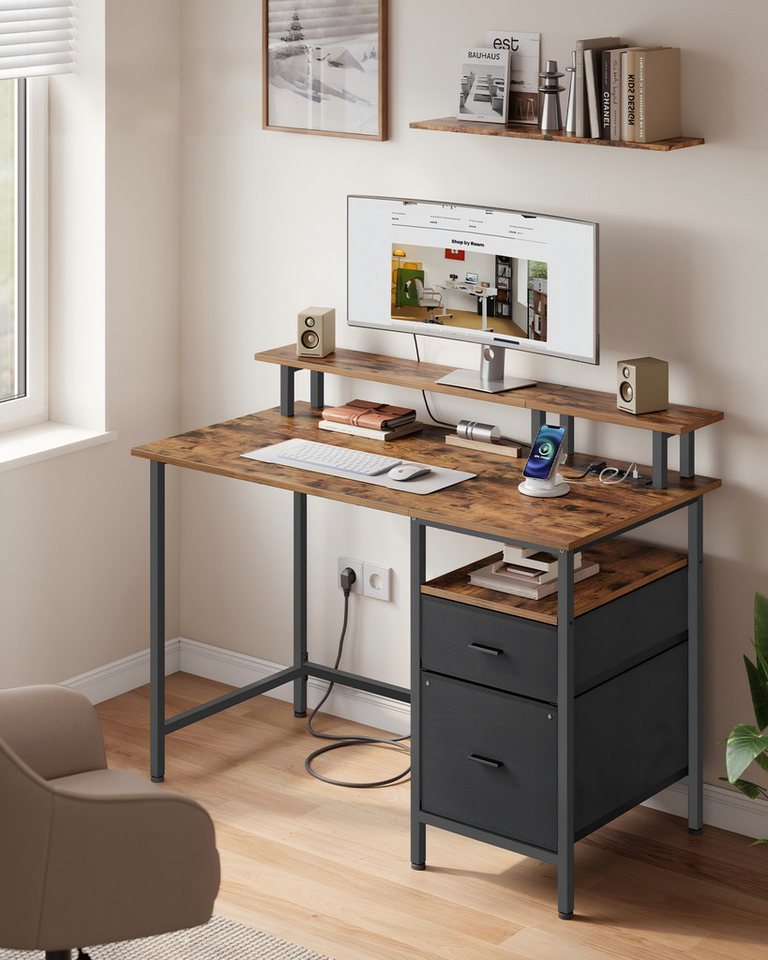 VASAGLE Schreibtisch mit Stoff-Schubladen, Computertisch mit Monitorständer, für Homeoffice, Bürotisch, 2 AC-Steckdosen, 2 USB-A-Anschlüsse, 120 x 60 cm