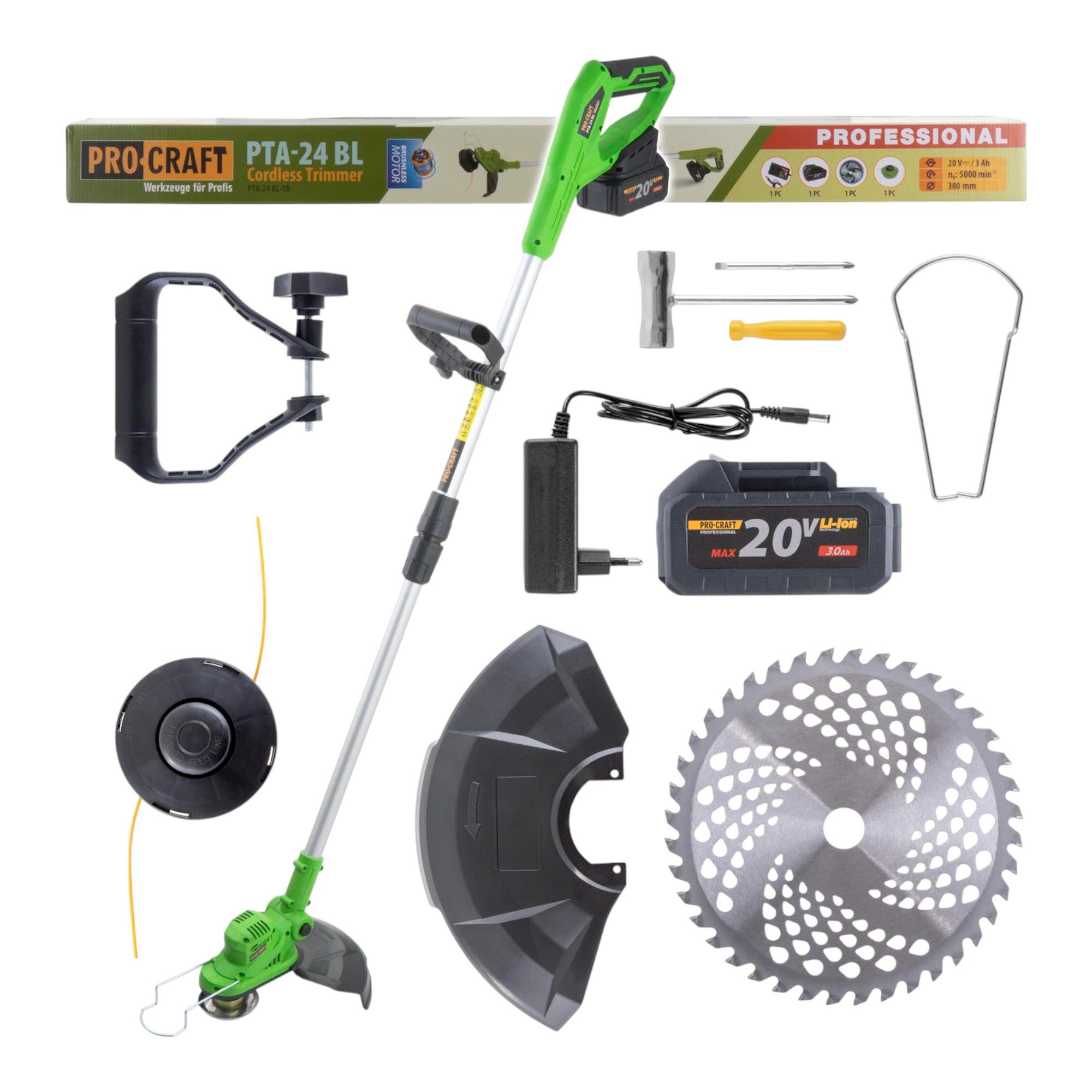 PRO CRAFT Akku-Rasentrimmer PTA24 BL Akku Trimmer 20 V 150 mm + 1x Akku 3,0 Ah + Ladegerät