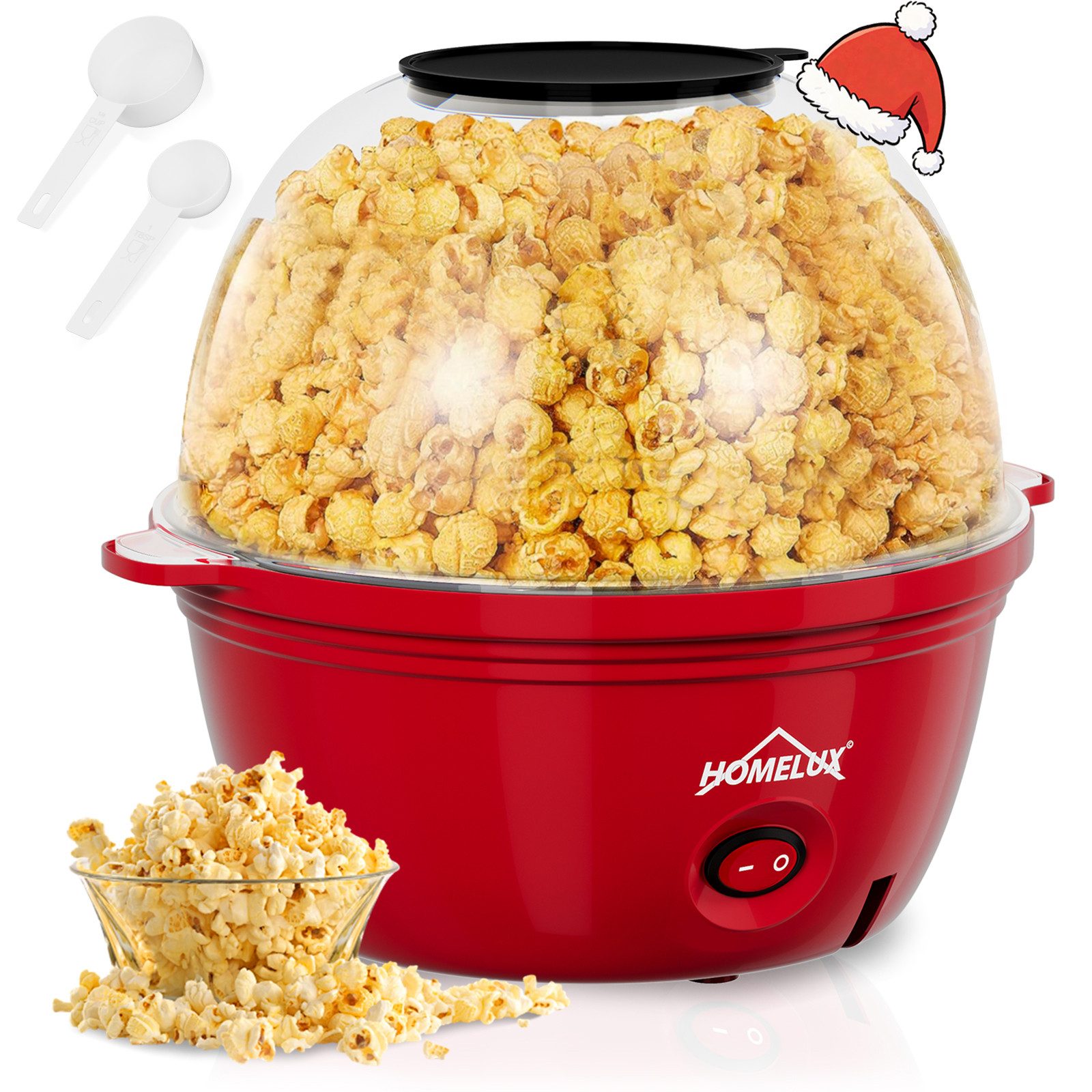 HOMELUX 2-in-1-Popcornmaschine 2.5L Popcorn Maker 450W inkl. 2 Löffel 3 Minuten Schnell Snack Popper, Deckel als Servierschale, Automatisches Rühren, Mini & Retro-Design
