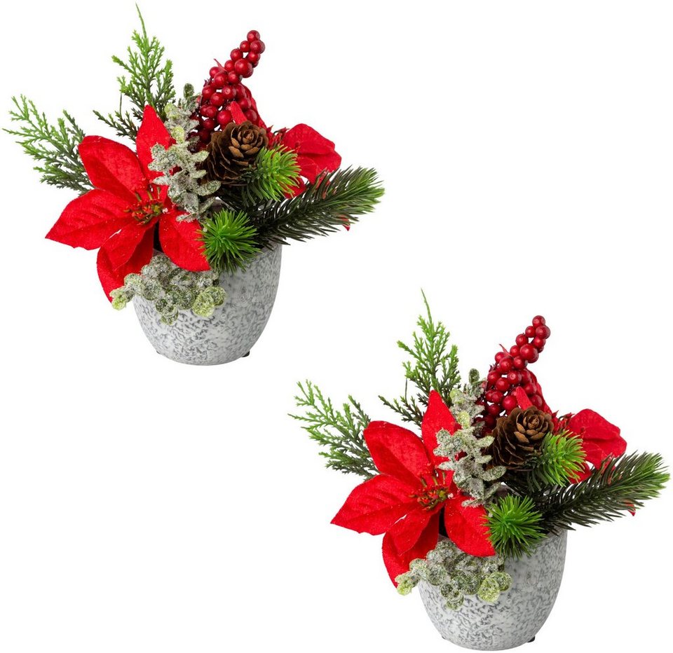 Winterliche Kunstpflanze Weihnachtsdeko rot Weihnachtsstern, Creativ green,  Höhe 19 cm, im Zementtopf, mit Zapfen, Beeren und Zweigen