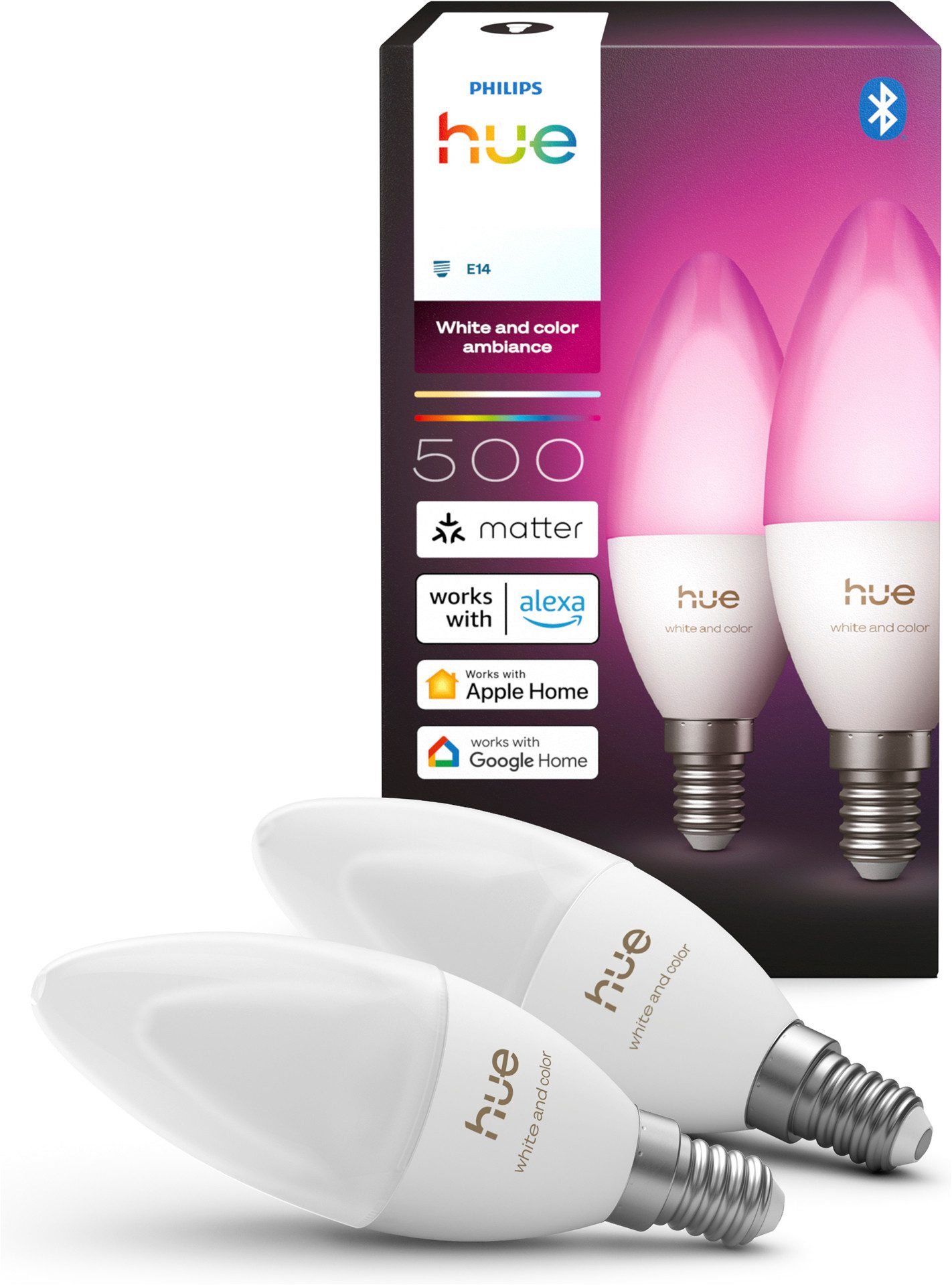 Philips Hue LED-Leuchtmittel Smarte Kerzenlampe, E14, 500 lm, White & Color Ambiance, 2er‑Pack, E14, 2 St., Farbwechsler, 1000–20000K, auf 0,2% dimmbar, App‑ & Sprachsteuerung