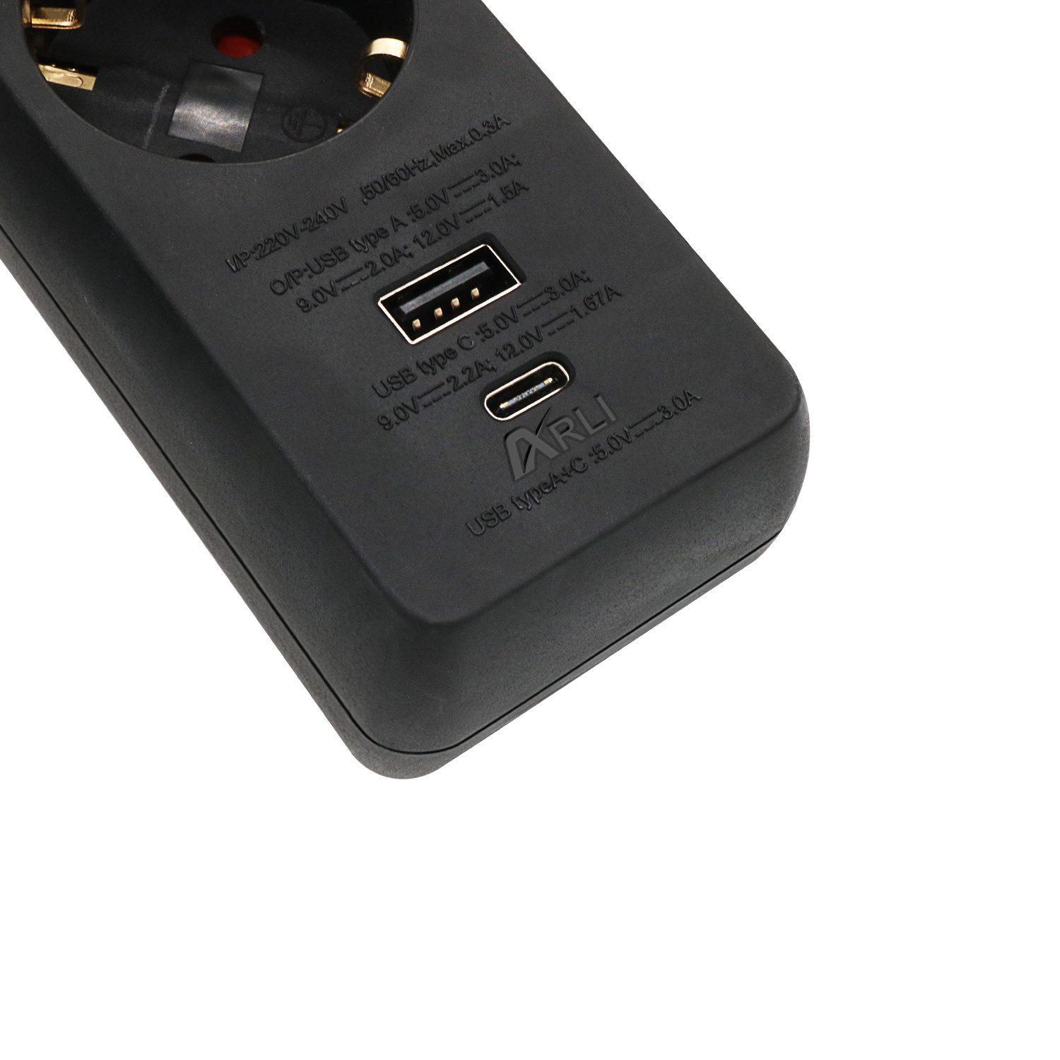 ARLI 1,5m Steckdosenleiste schwarz 5 fach mit USB-A + USB-C Steckdosenleiste 7-fach (Schutzkontaktstecker, EIN / AUS Schalter, Kindersicherung, Kabellänge 5 m), flacher Winkelstecker