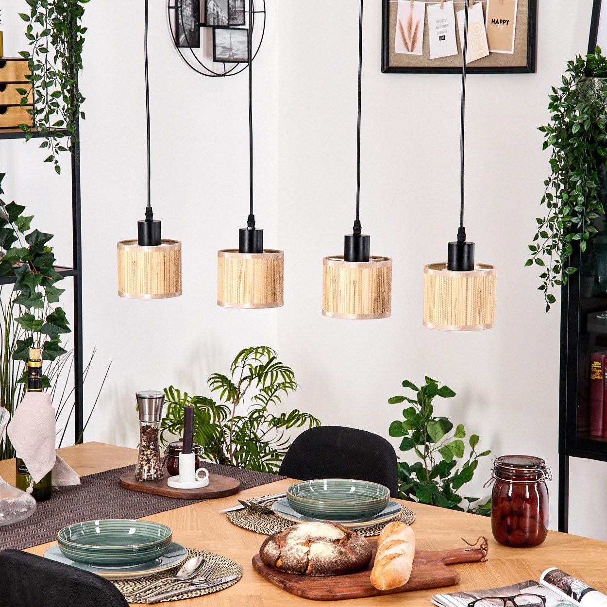 hofstein Hängeleuchte Hängelampe aus Metall/Holz/Seegras in Schwarz/Natur/B günstig online kaufen