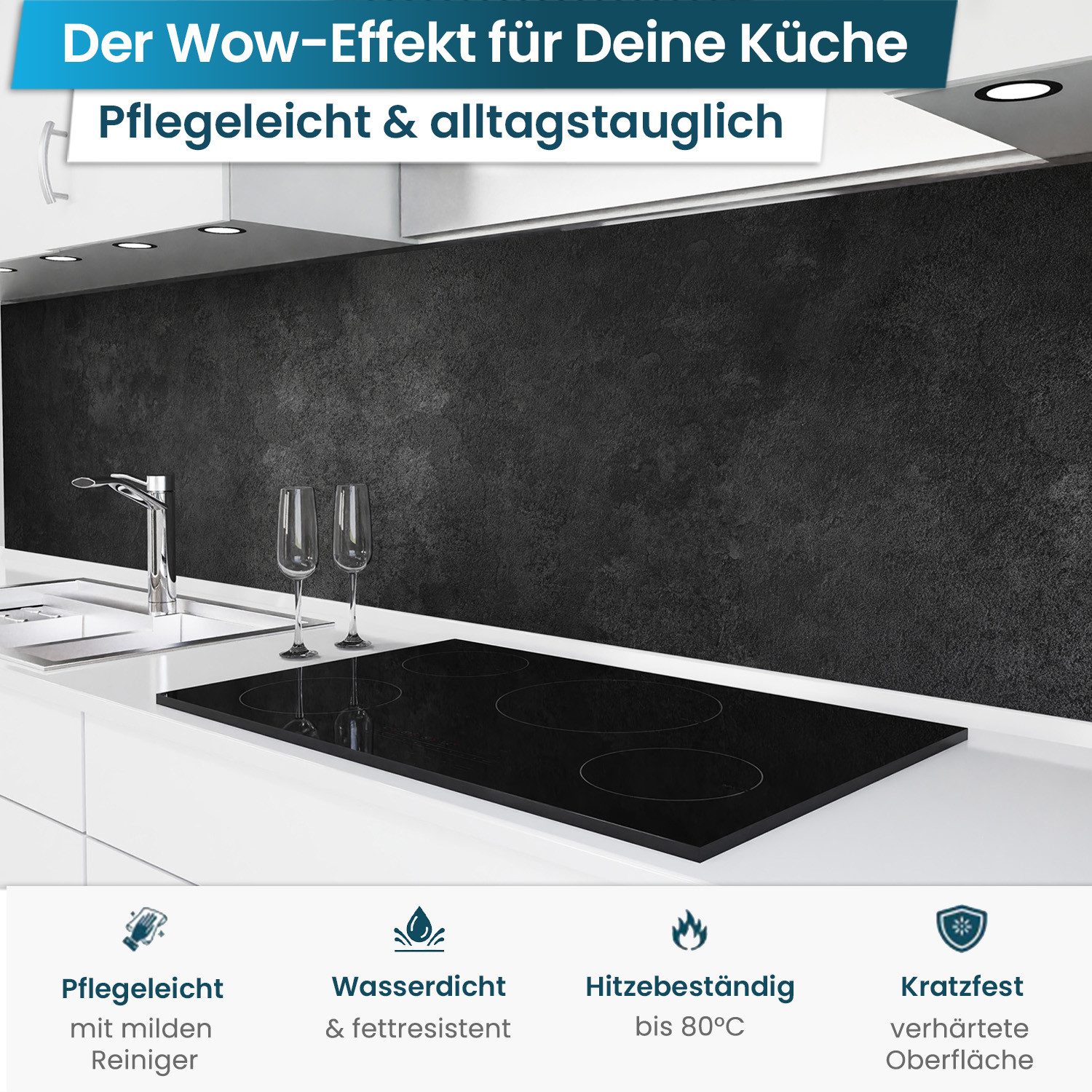 danario Küchenrückwand Folie selbstklebend - Matt - Spritzschutz Küche - versteift & robust