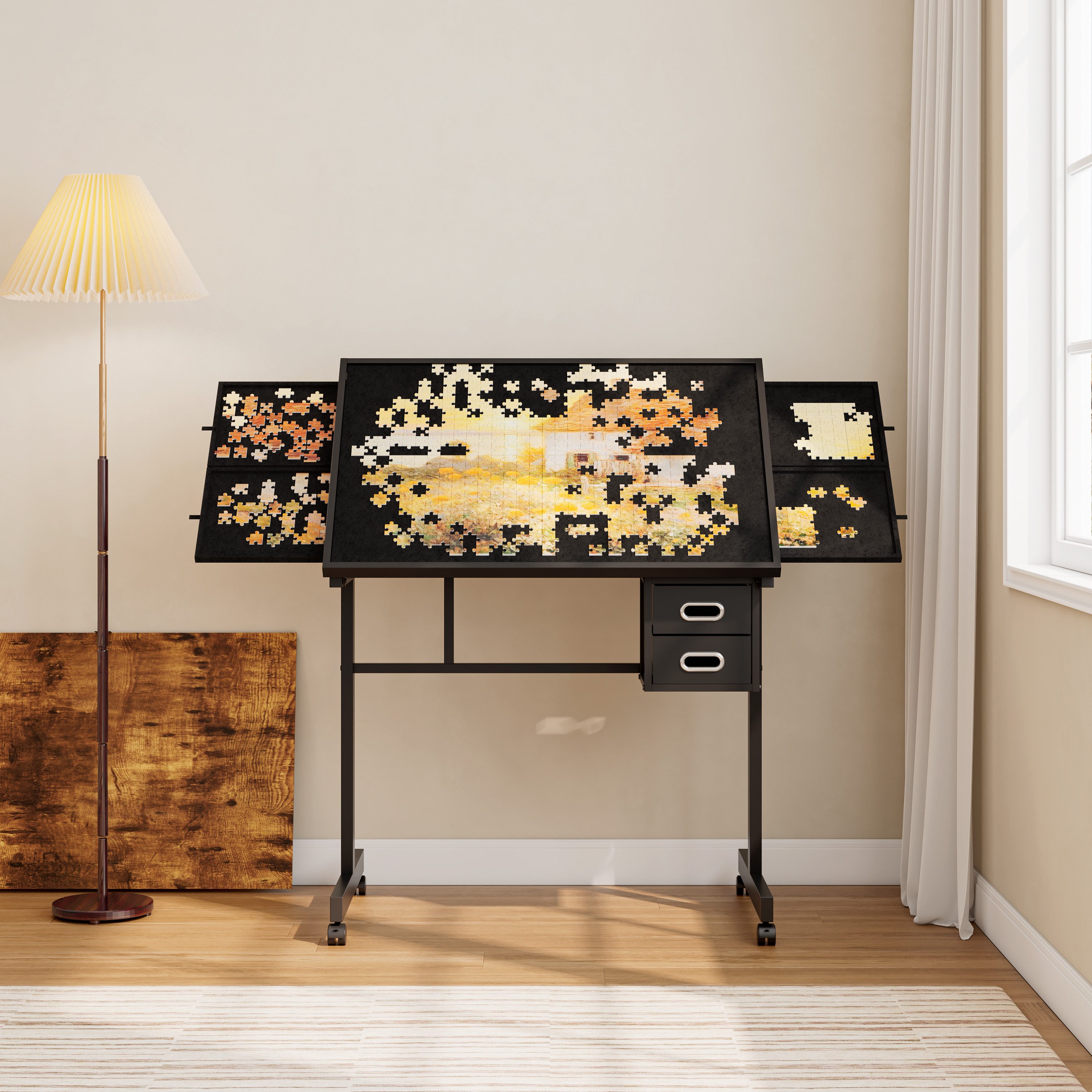 MODFU Puzzleunterlage Hobbytisch mit 4 Schalen und 2 Schubladen, (1, 1-tlg., 90x79x60 cm, Schwarz), für Erwachsene, Metallplatte, 1000 Teile