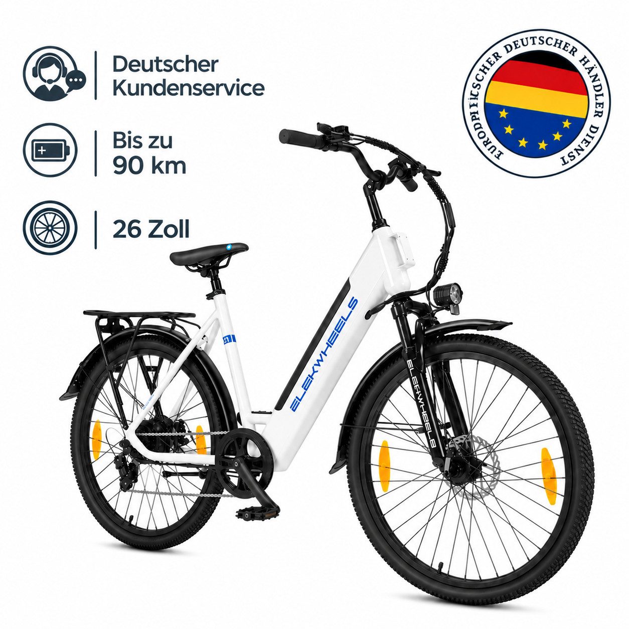 ELEKWHEELS E-Bike Cityrad 26", 36V 10Ah Akku bis 90km, 7-Gang-Schaltung, 7 Gang, Kettenschaltung, App-Steuerung mit Bluetooth