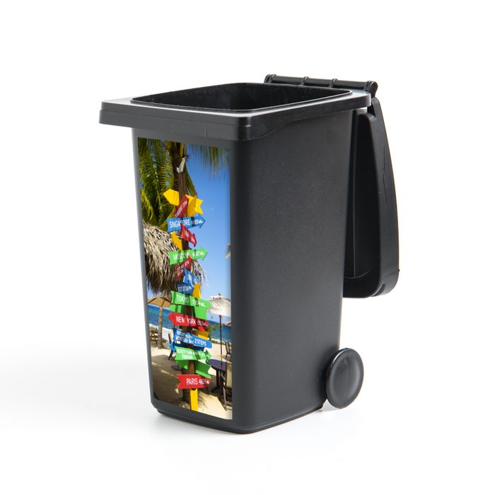MuchoWow Wandsticker Farbiger Wegweiser mit Weltstädten am Strand in Jamaika (1 St) Mülleimer-aufkleber Mülltonne Sticker Container Abfalbehälter