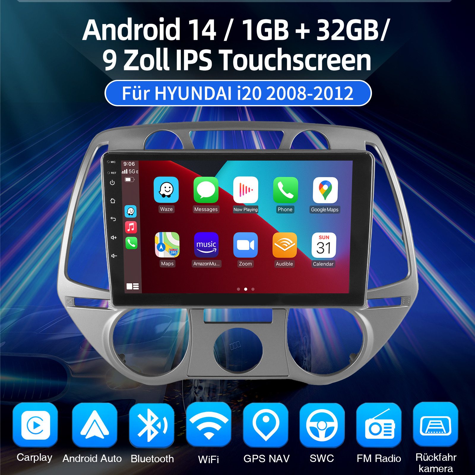 ESSGOO DAB+ Android 15 Carplay Für Hyundai i20 PB 2008-2011 GPS Navi Kam Autoradio (4+64GB(optional), DAB+ (optional), RDS, Mirror Link Apple Carplay Android Auto,ASP)