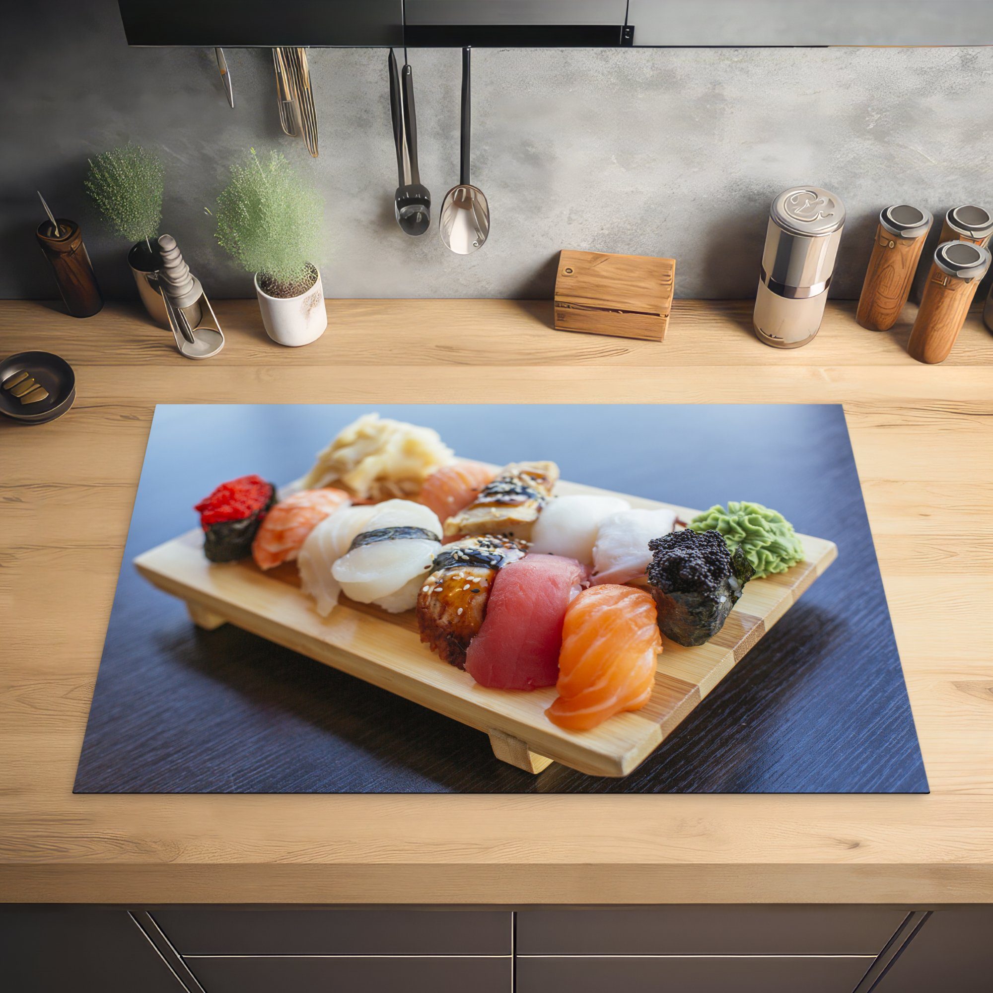 Herdblende-/Abdeckplatte MuchoWow Vinyl, Induktionskochfeld küche, tlg), (1 Schutz für Japanisches Ceranfeldabdeckung 81x52 cm, die Sushi,