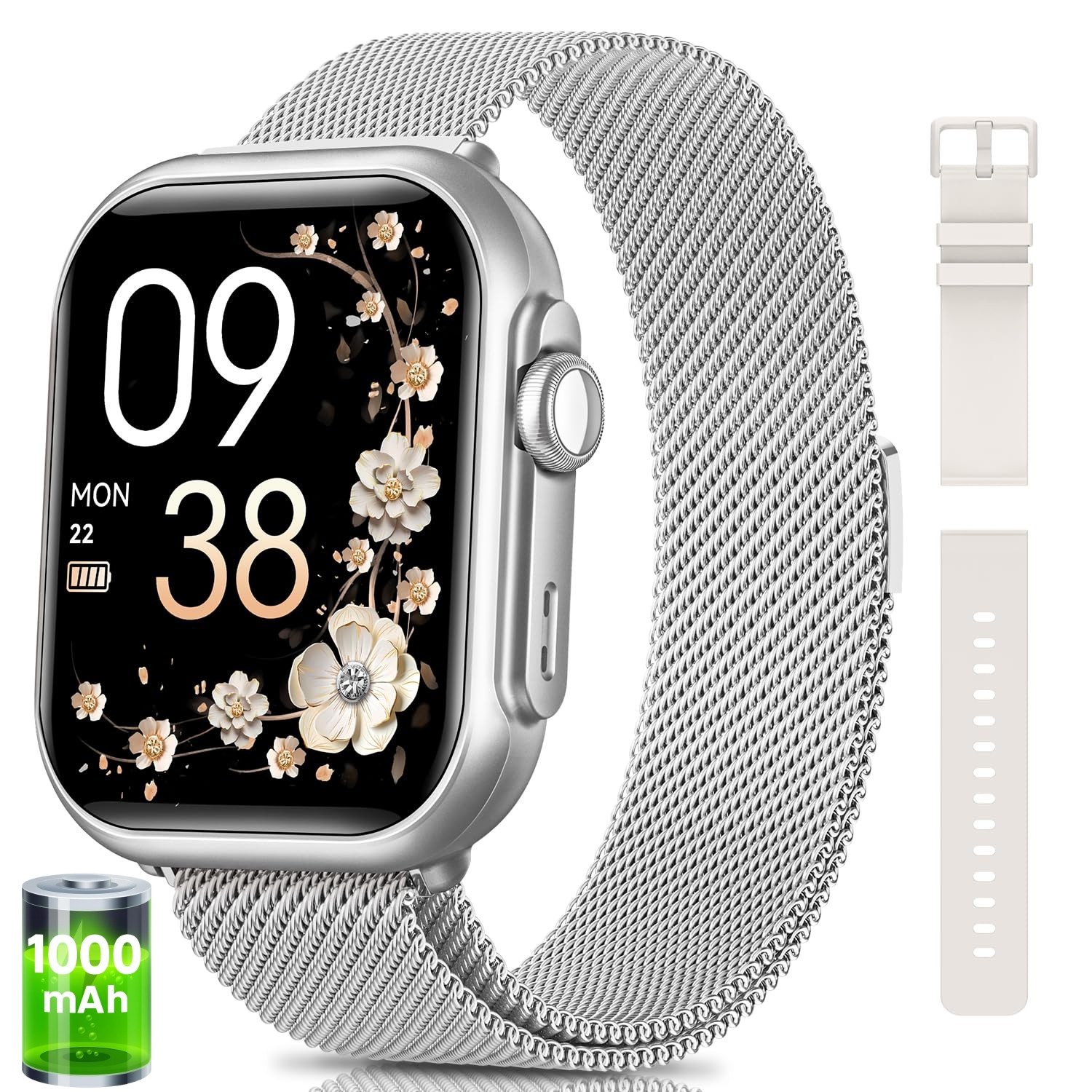 BANLVS 2025 1000mAh Akku Smartwatch Herren Damen 1.83 " AMOLED Display Smartwatch (4,65 cm) 120+ Sportmodi, Silikonarmband und Edelstahlarmband sind austauschbar, Blutdruck-/Herzfrequenz-/SpO2-/Schlafüberwachung