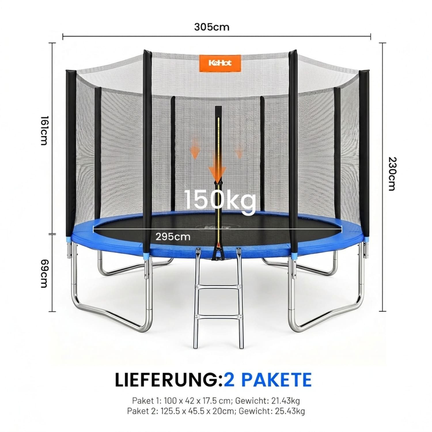 kehot Gartentrampolin Outdoor Kindertrampolin mit Sicherheitsnetz und hoher Stabilität, Ø 305 cm, Belastbar bis 150 kg für Spiel, Bewegung und Familienzeit