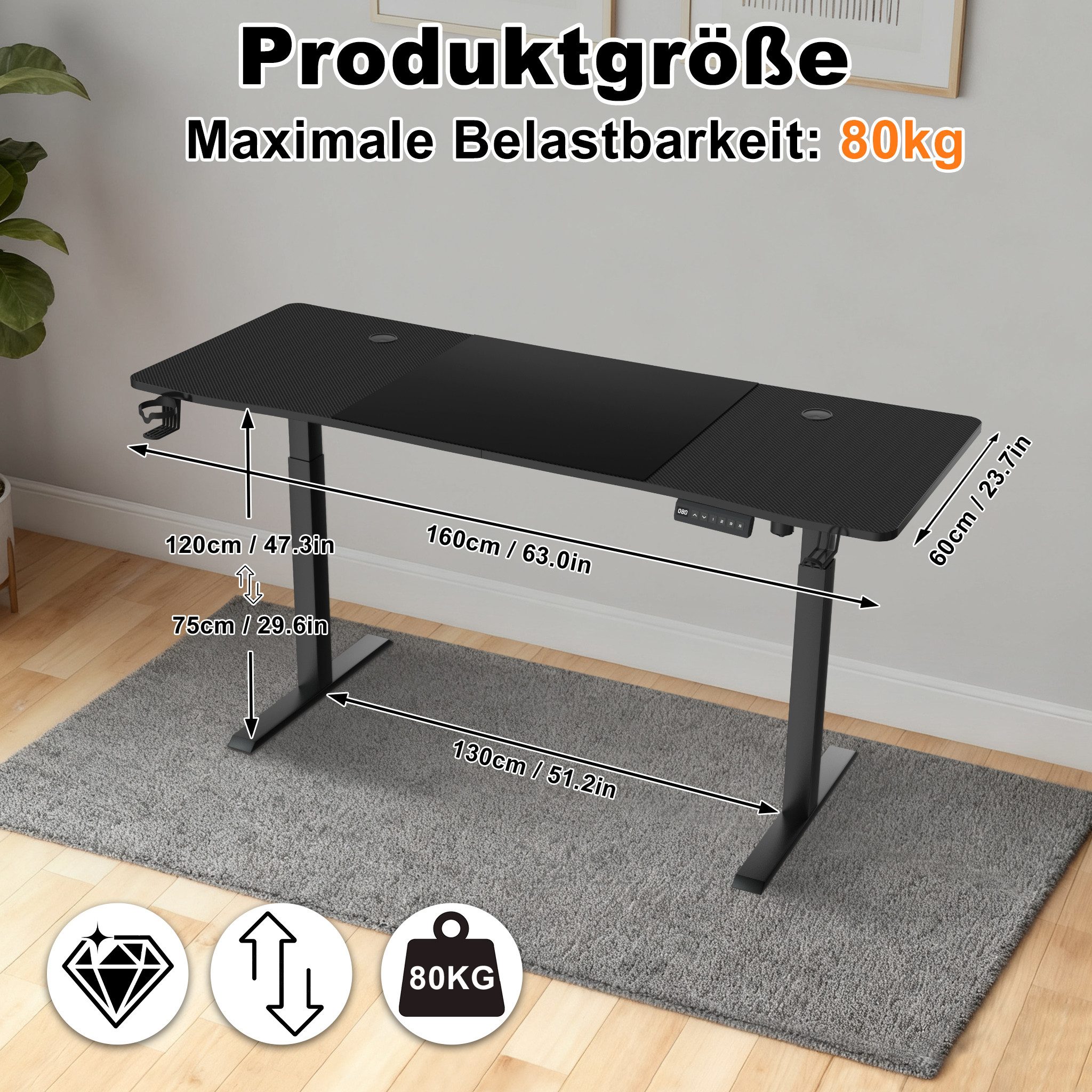 FIVMEN Schreibtisch Höhenverstellbar Stehschreibtisch Computertisch Gaming Tisch, Bürotisch Studien-Laptoptisch mit Tray und Kopfhörerhaken