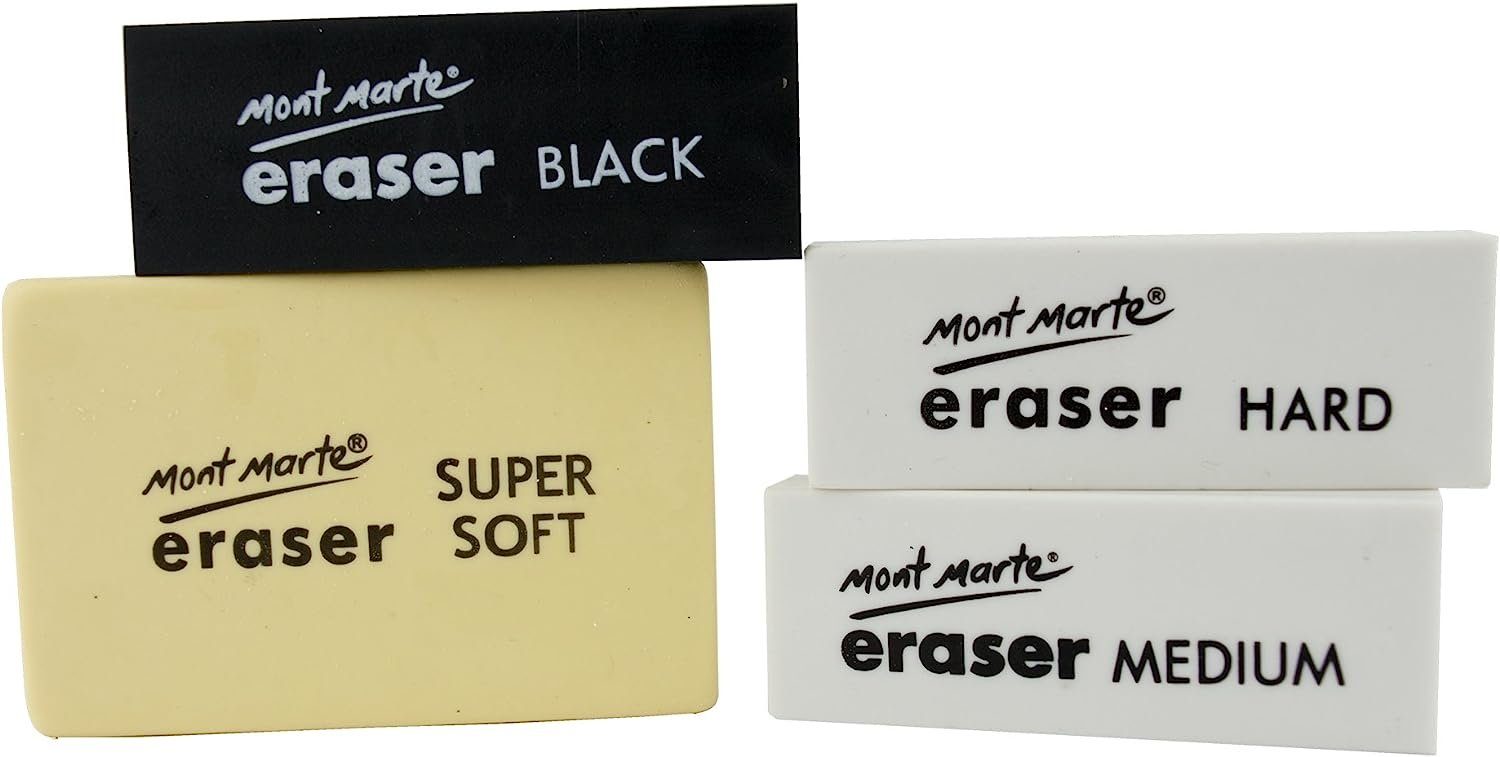 Mont Marte Radiergummi Set 4-teilig – Super Soft, Medium & Hart, Für präzise Korrekturen & Highlights bei Kohle- & Bleistiftzeichnungen