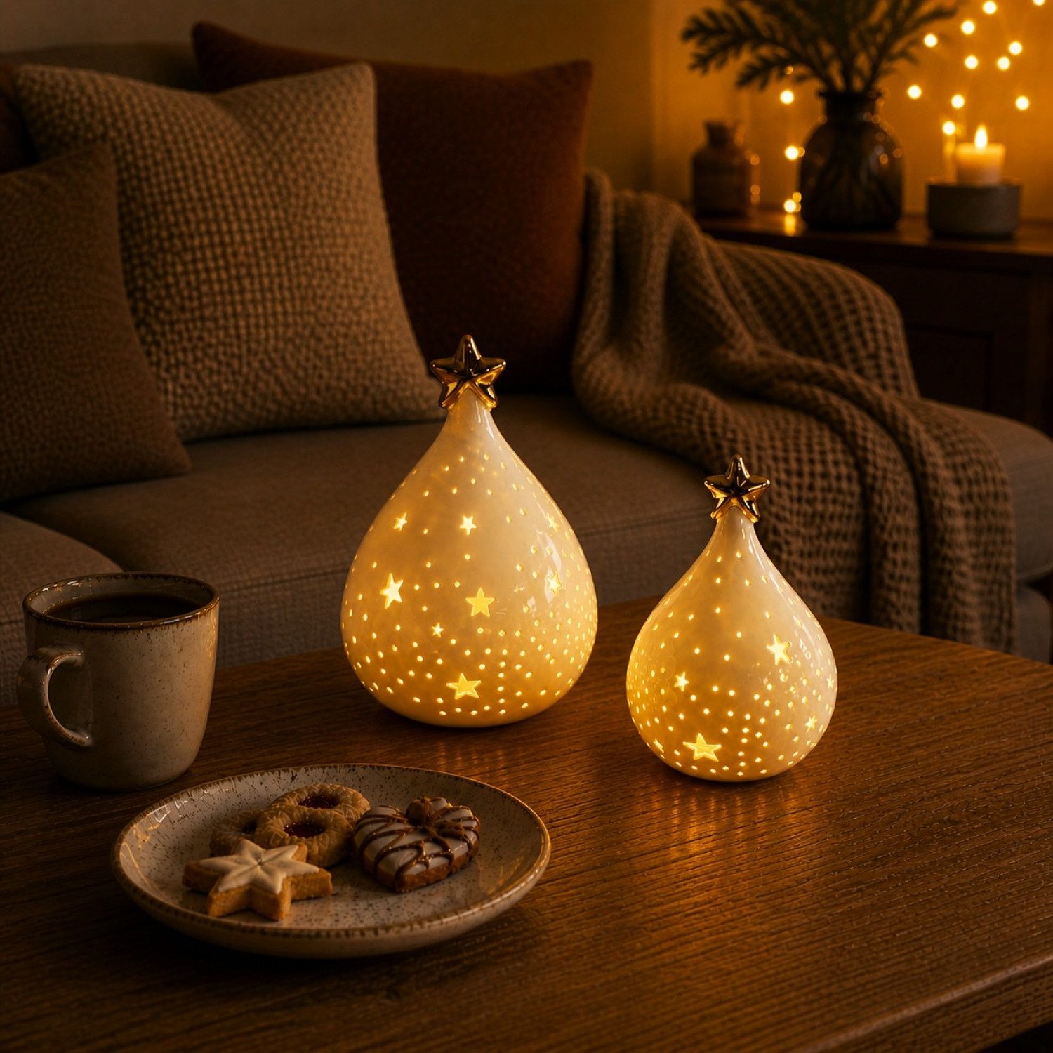 Online-Fuchs LED-Dekofigur Keramik Tropfen mit LED-Beleuchtung und Timer - Deko Herbst & Winter (warmweiß oder seichter Farbwechsel wählbar, 14 & 17 cm groß), inklusive 6-Stunden Timerfunktion - Weihnachtsdekoration
