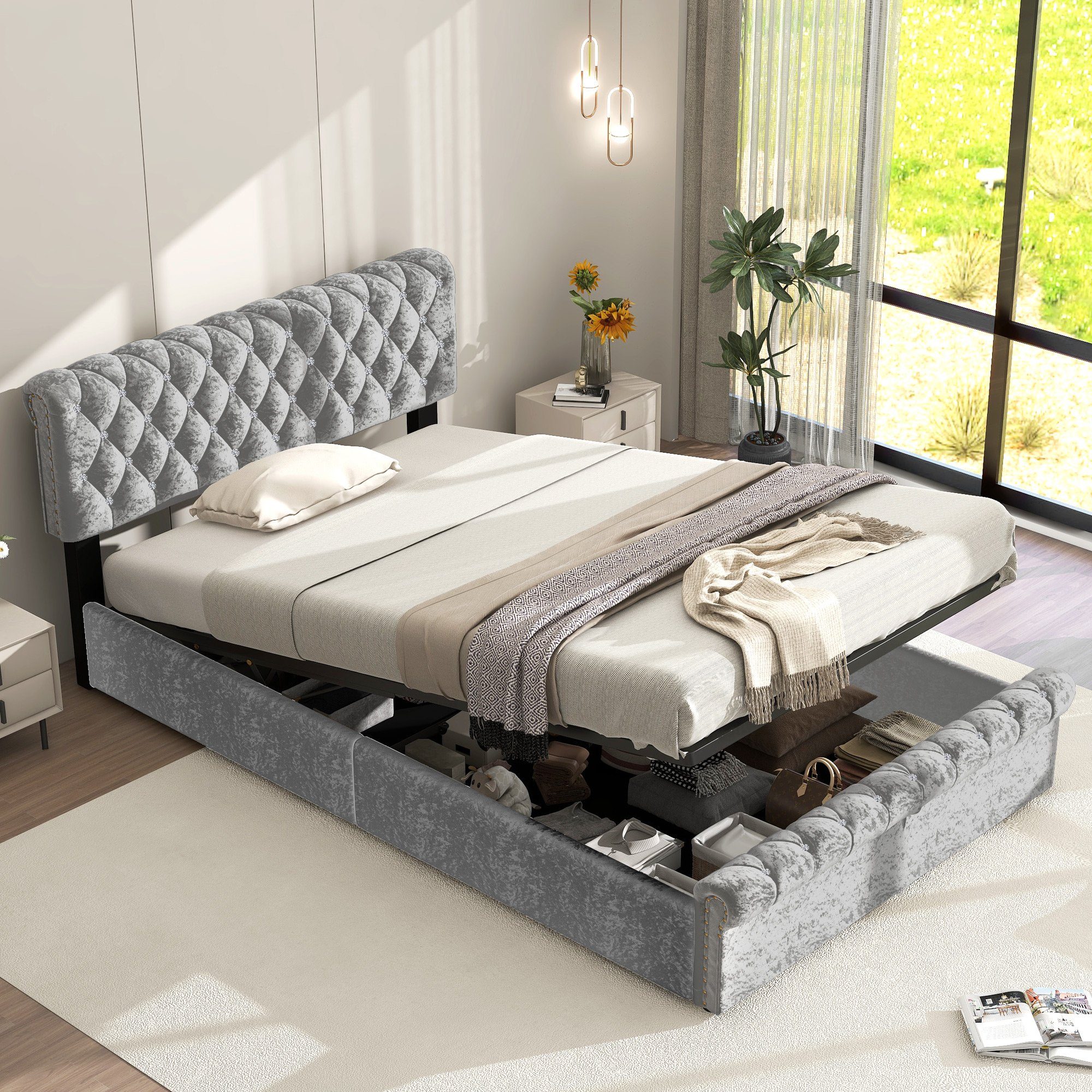 Boxspringbett (Einzelbett 90 x 200 cm, Polsterbett mit kristall schnalle, Lattenrost und Bettkasten), Hydraulisches Bett Funktionsbett mit höhenverstellbar Kopfteil, Samt