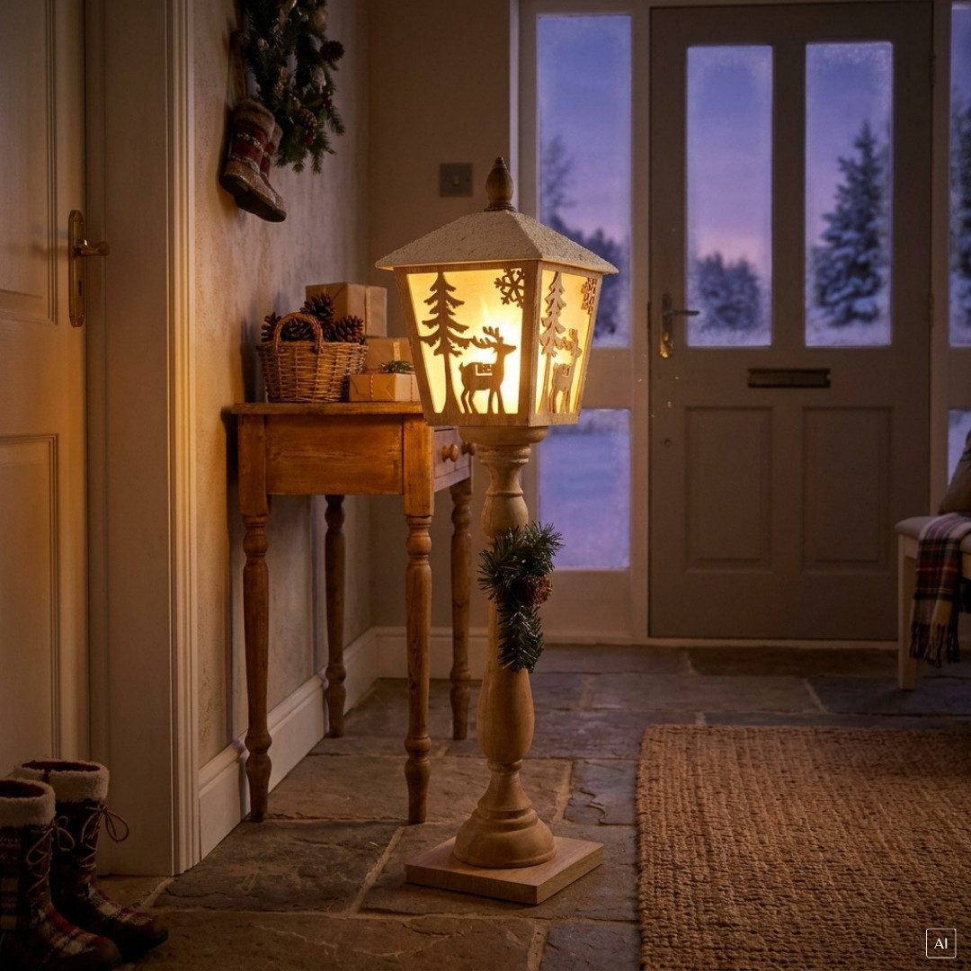 abc HOME LED Laterne Holz – Standlaterne mit Hirsch, 79 cm, warmweiß, 3D-Sterneffekt