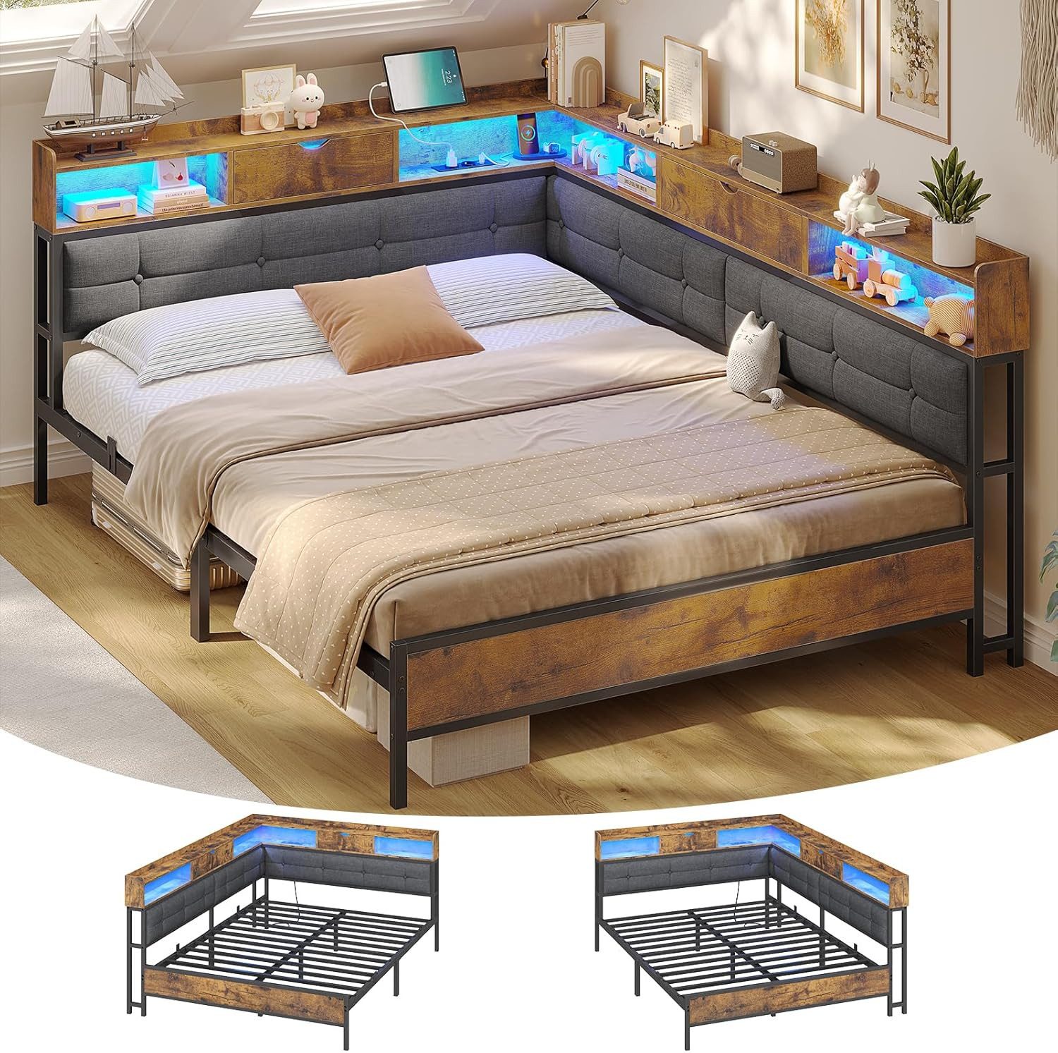 MSMASK Polsterbett Daybett Jugendbett mit LED-Beleuchtung und USB-Ladestation (Ohne Matratze), Bettgestell mit Lattenrost aus Metall,140x200 – Bild 3 von 5