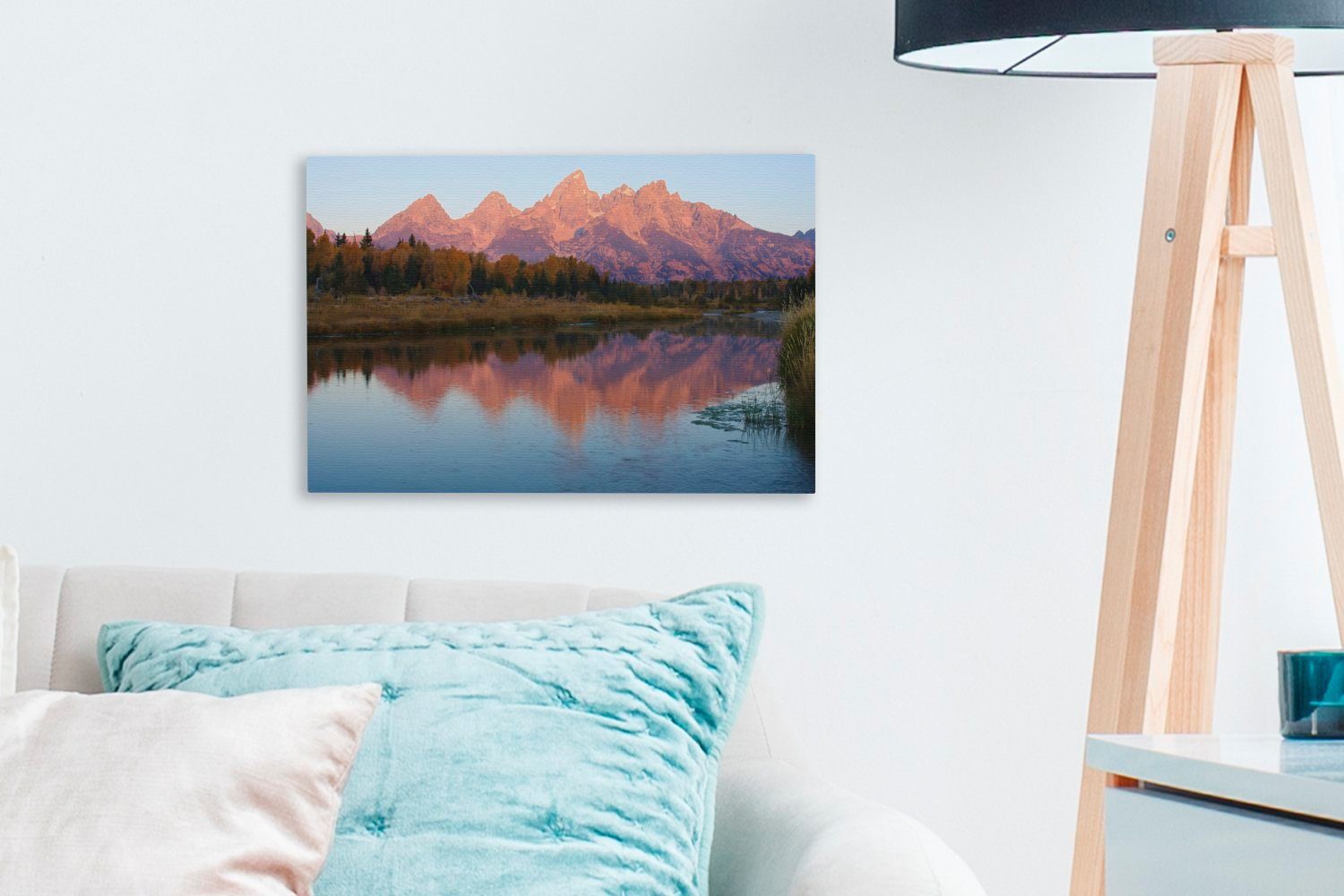 Wandbild in OneMillionCanvasses® Leinwandbild einem, Wanddeko, (1 Aufhängefertig, Teton spiegeln sich St), Die Leinwandbilder, 30x20 cm der Berge farbenfrohen Mountains