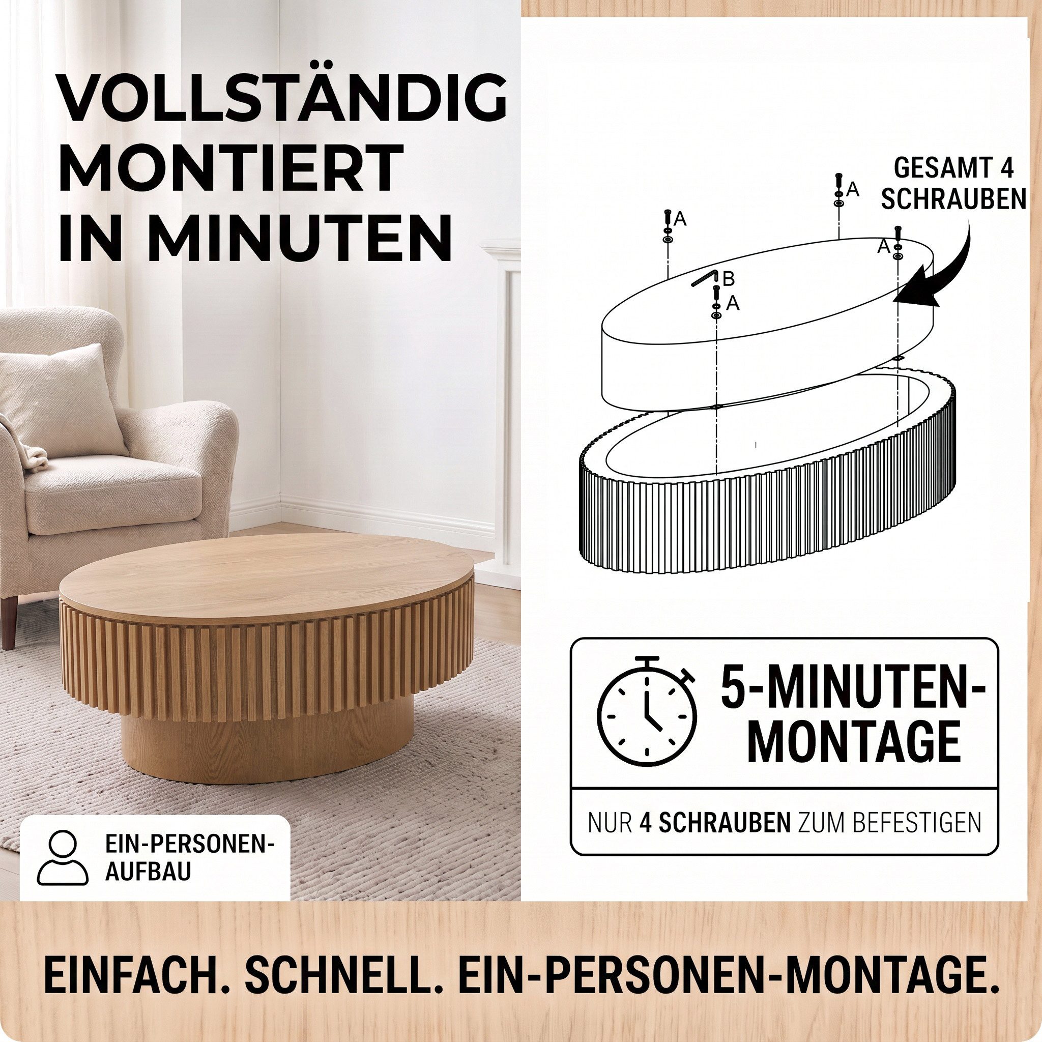Celya Couchtisch 98 cm Ovaler Cocktailtisch mit verstecktem Stauraum (aus Massivholzfurnier, einfache Montage in 5 Minuten) – Bild 3 von 5