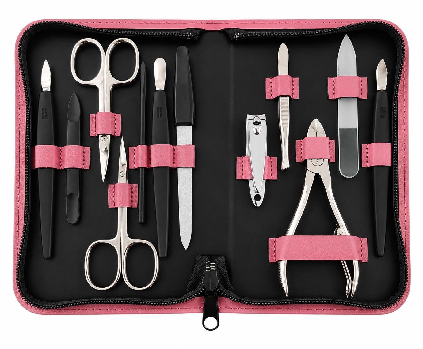 EloModa Maniküre-Kosmetik-Etui 12teiliges Solingen* Maniküre Set mit Leder-Etui Nagelpflege, Made in, 12 tlg., Made in Germany, Solinger Qualität, Echtleder-Etui, Gehärteter Stahl