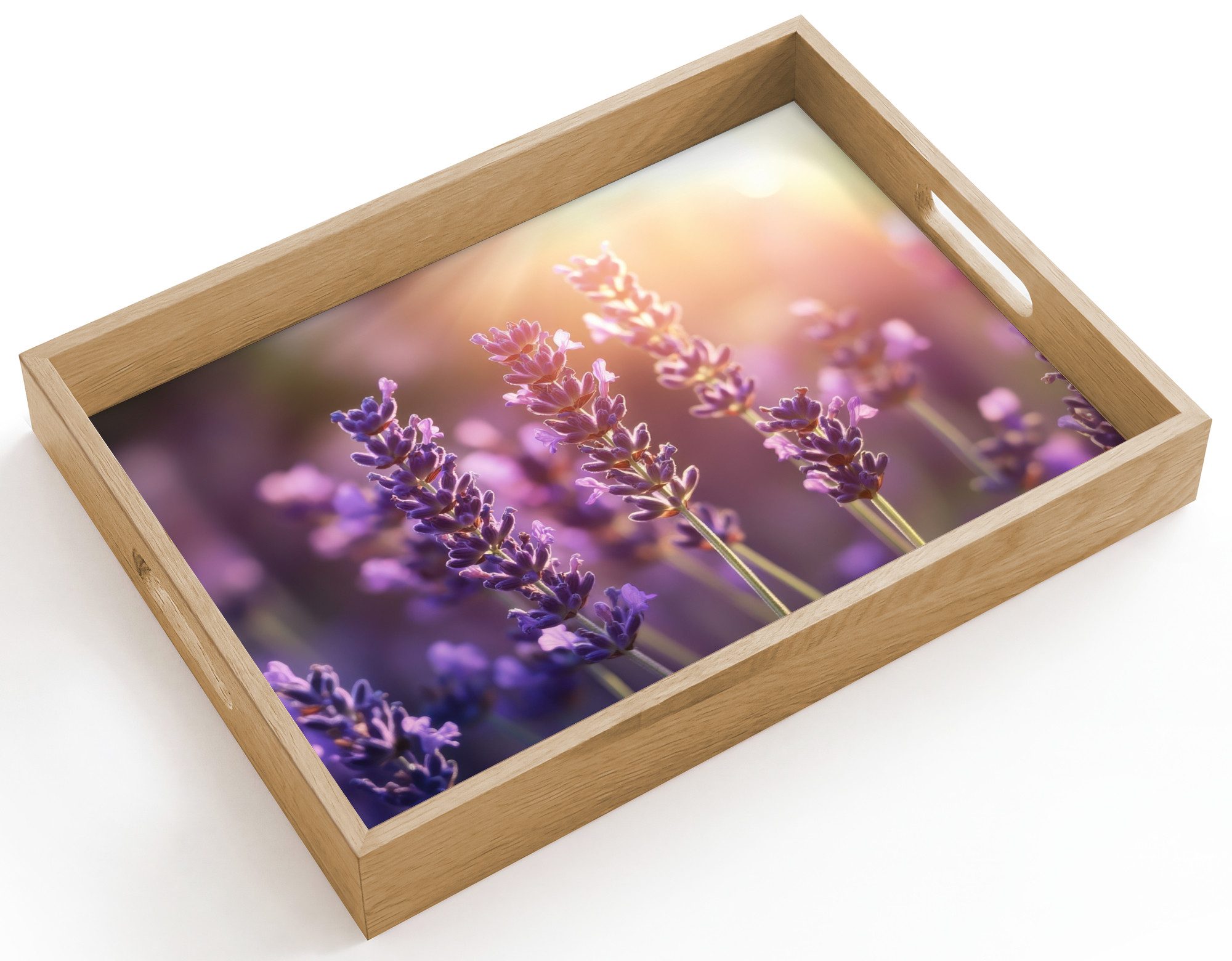 OnlyWow Tablett Rechteckig mit Henkel Lavendelblüten - Lila - Sonnenlicht, Eichenholz, (1-tlg), Siervierplatte, Tray, Frühstücksbrett