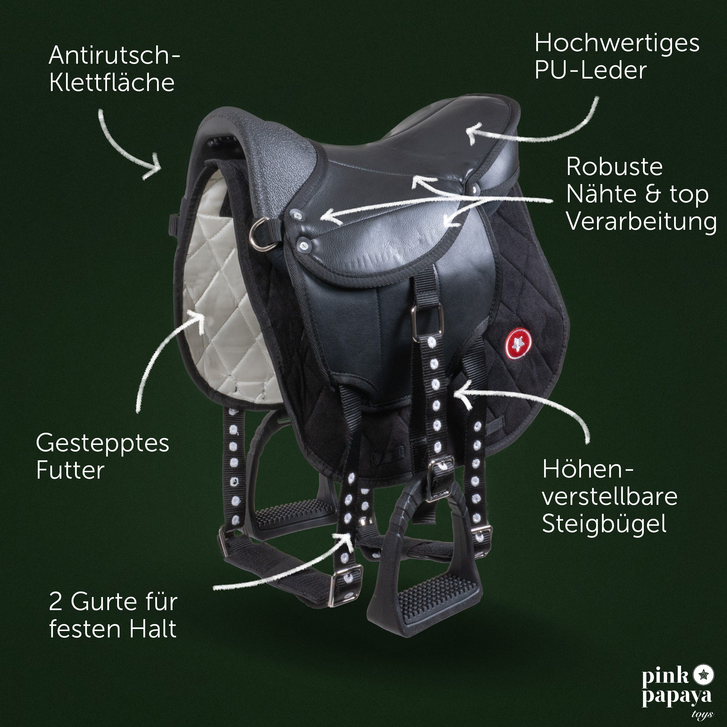 Pink Papaya Stehpferd Shetty Kinder Sattel für Holzpferde und Spielpferde, mit Steigbügeln, leicht & stabil gefertigt