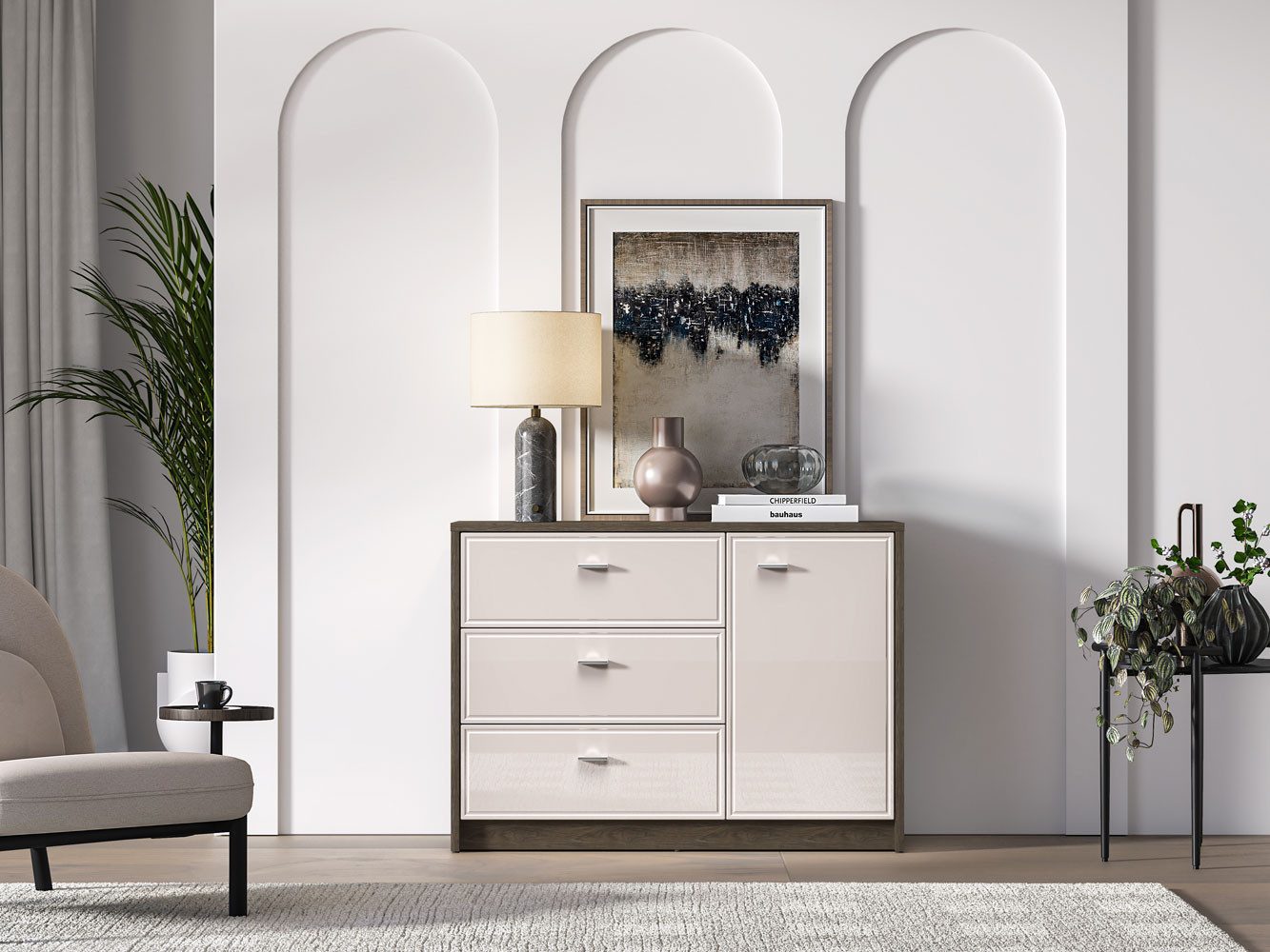 Feldmann-Wohnen Kombikommode Avante (mit Türen, mit Einlegeböden, mit Schubladen, 1 St., moderne Optik, Breite 117cm, Front MDF), Windmill Eiche dunkel Cashmere Hochglanz Breite 117cm