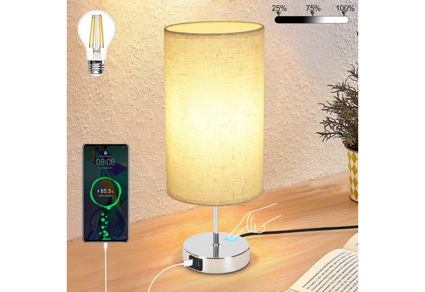 ZMH Tischleuchte Schlafzimmer Touch Nachttischlampe - Warmweiß Dimmbar, max. 40W,Stoffschirm, Chromfuß