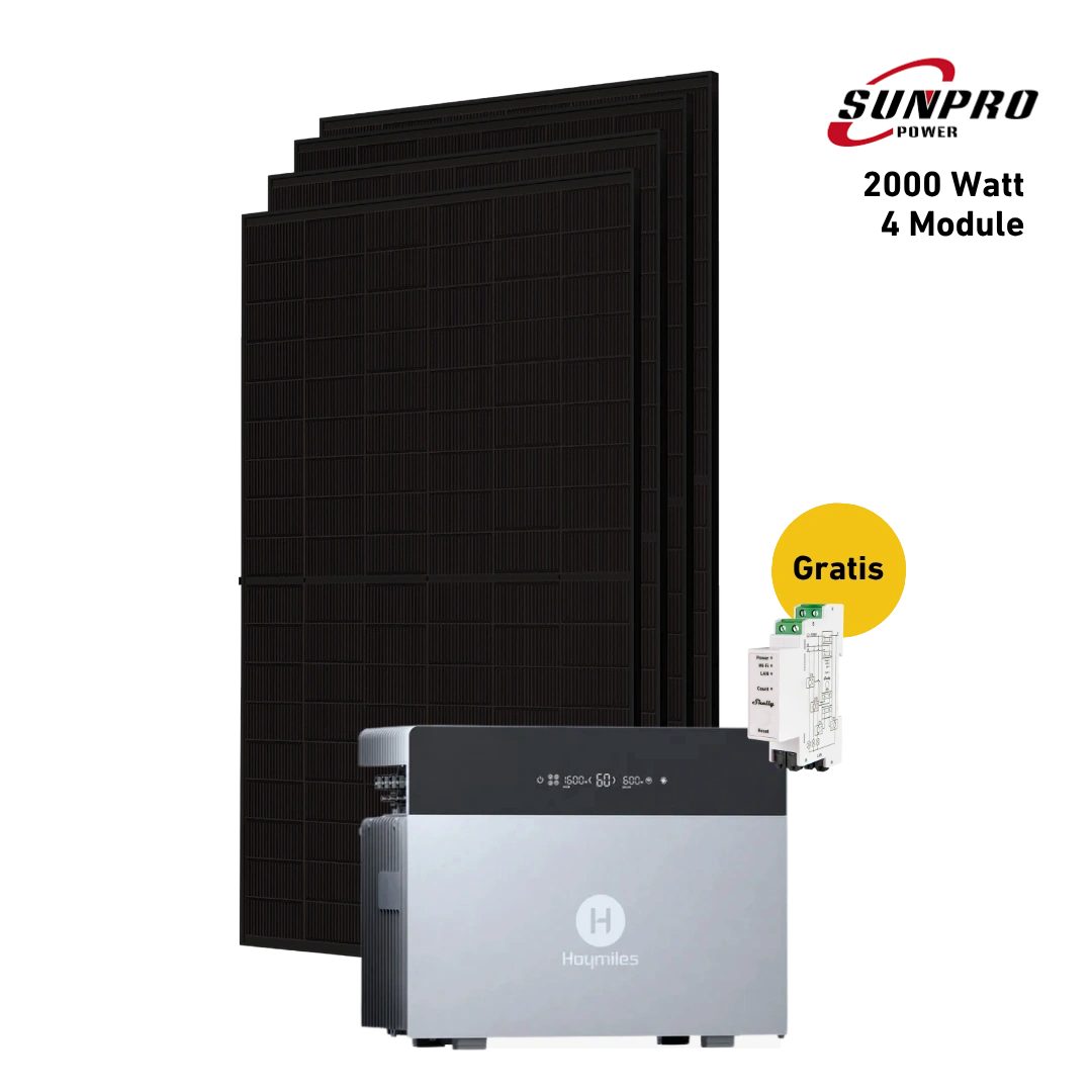 Balkonstrom Balkonkraftwerk MAX Pro 2000 Watt Solaranlage mit Speicher Komplettset Bifazial, 2000 W, Monokristallin, (4x Sunpro Solarmodul á 500 Watt, 1x Hoymiles HiBattery 4020 X, 1-3 Zusatzspeicher HB-4020-S), Halterung für Dach, Fassade, Balkon & Garten, App & Plug&Play DE