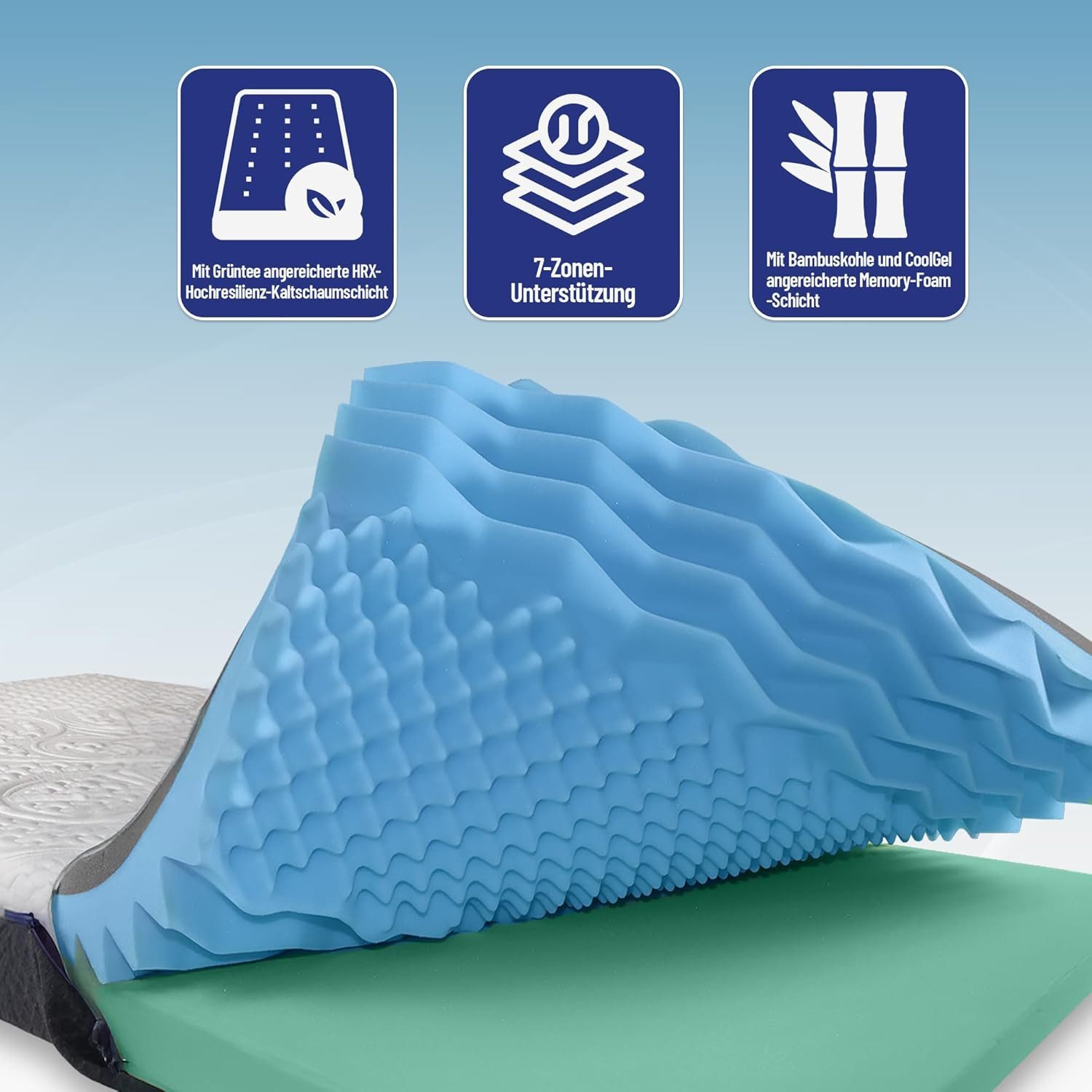 Kaltschaummatratze Matratze 18 cm hoch, Kaltschaummatratze Memory Schaum Bett, 7-Zonen, scarnatti, 18 cm hoch, (Spar-Set), Gelmatratze mit H3/H4, Bambus, Grüntee & Zero Motion (Gratis Kissen)