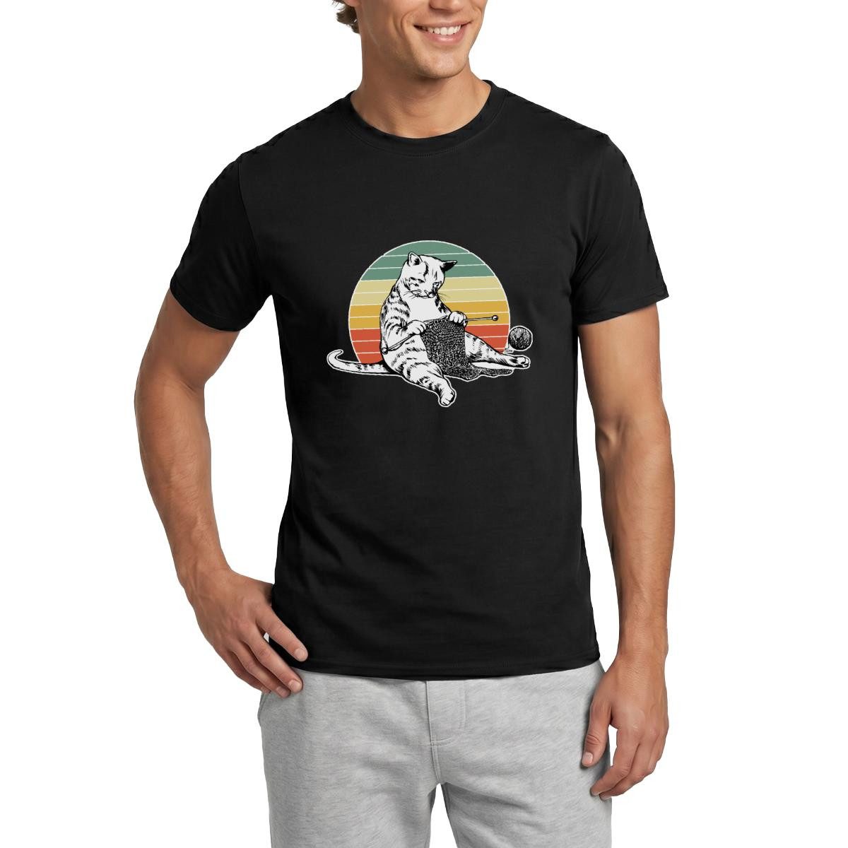 Spreadshirt T-Shirt Strickende Katze, Retro Katze Mit Wolle Männer T-Shirt (1-tlg)