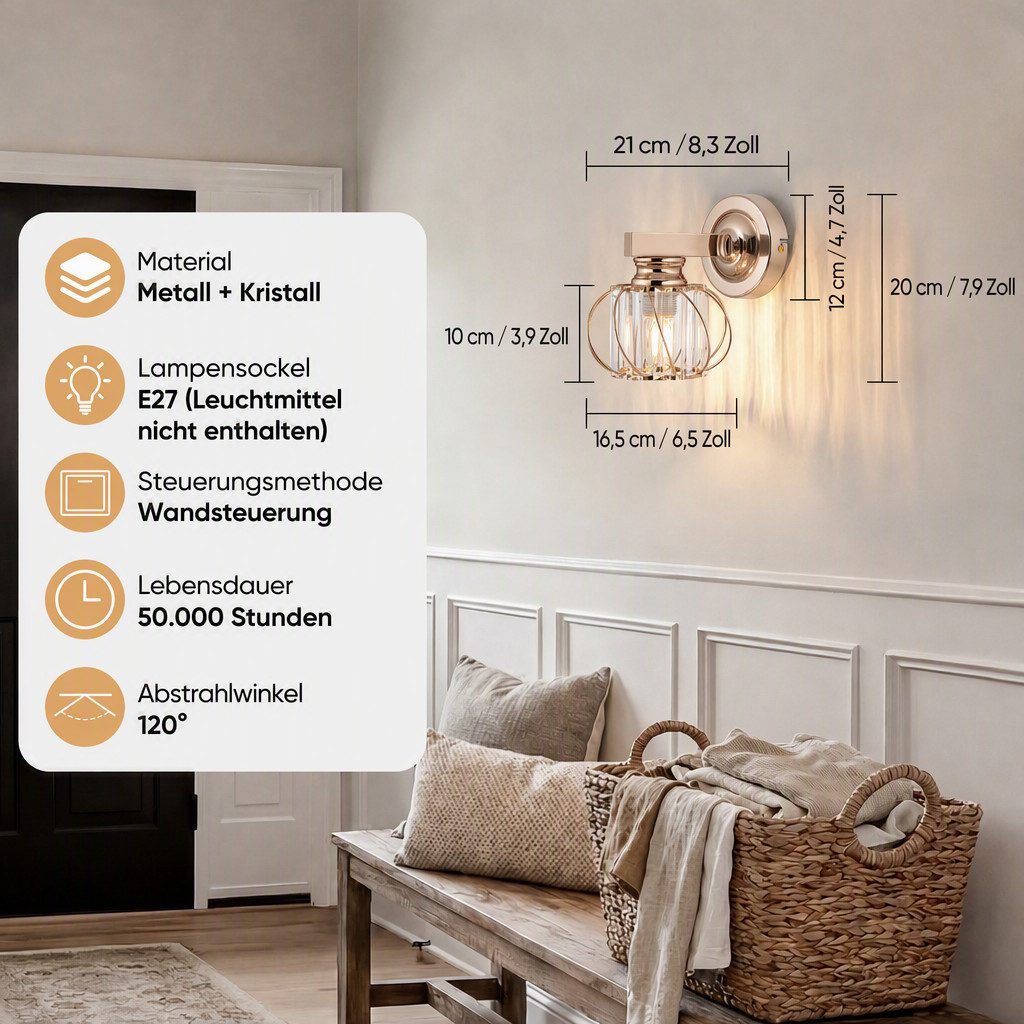 BlingBin Wandleuchte Goldene Kristall Innen,E27 Wohnzimmer Wandlampe Moderne, Gold Metall, ohne Leuchtmittel, Kristallwandleuchte für Wohnzimmer Korridor Esszimmer