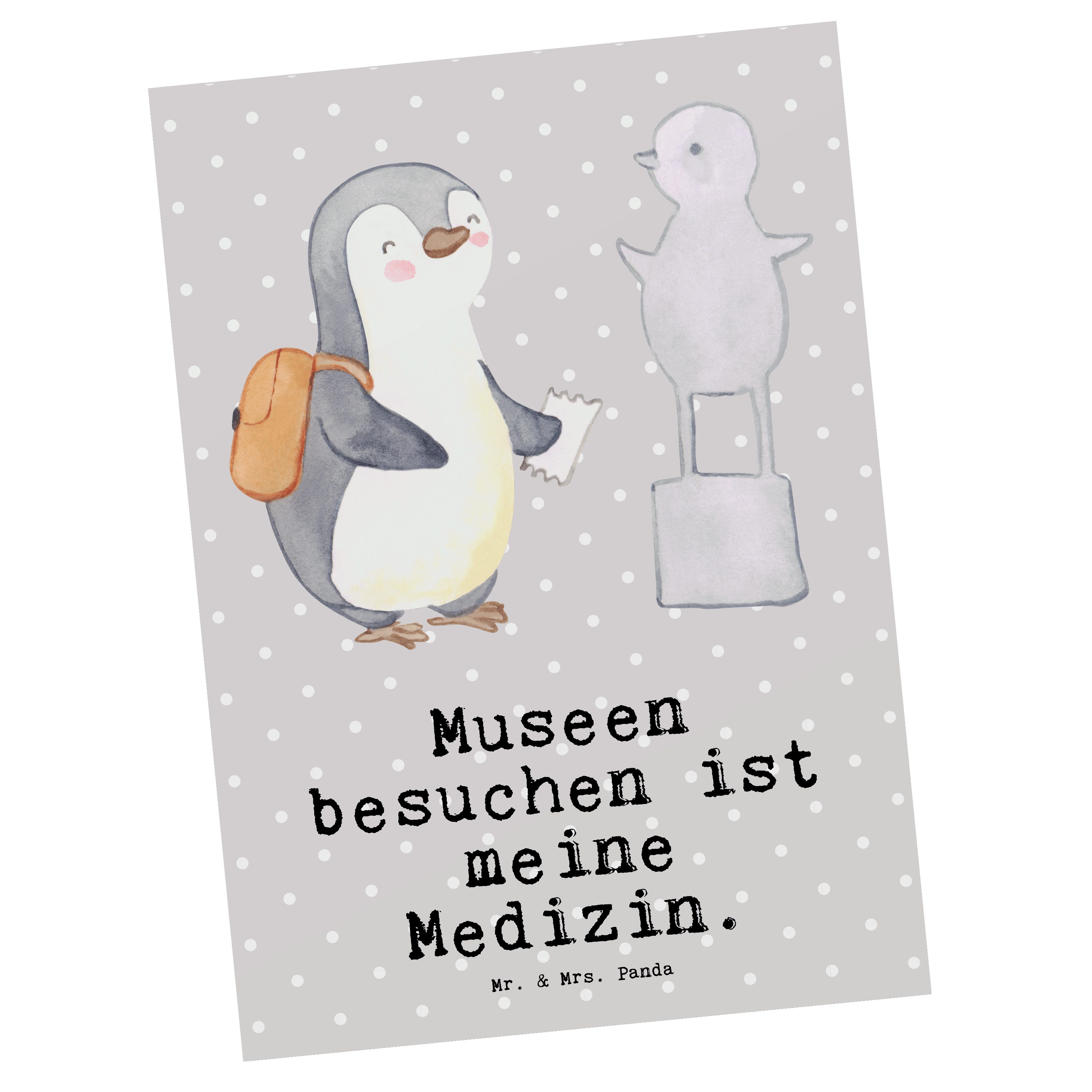 Mr. & Mrs. Panda Postkarte Pinguin Museum besuchen Medizin - Grau Pastell - Geschenk, Karte, Ges