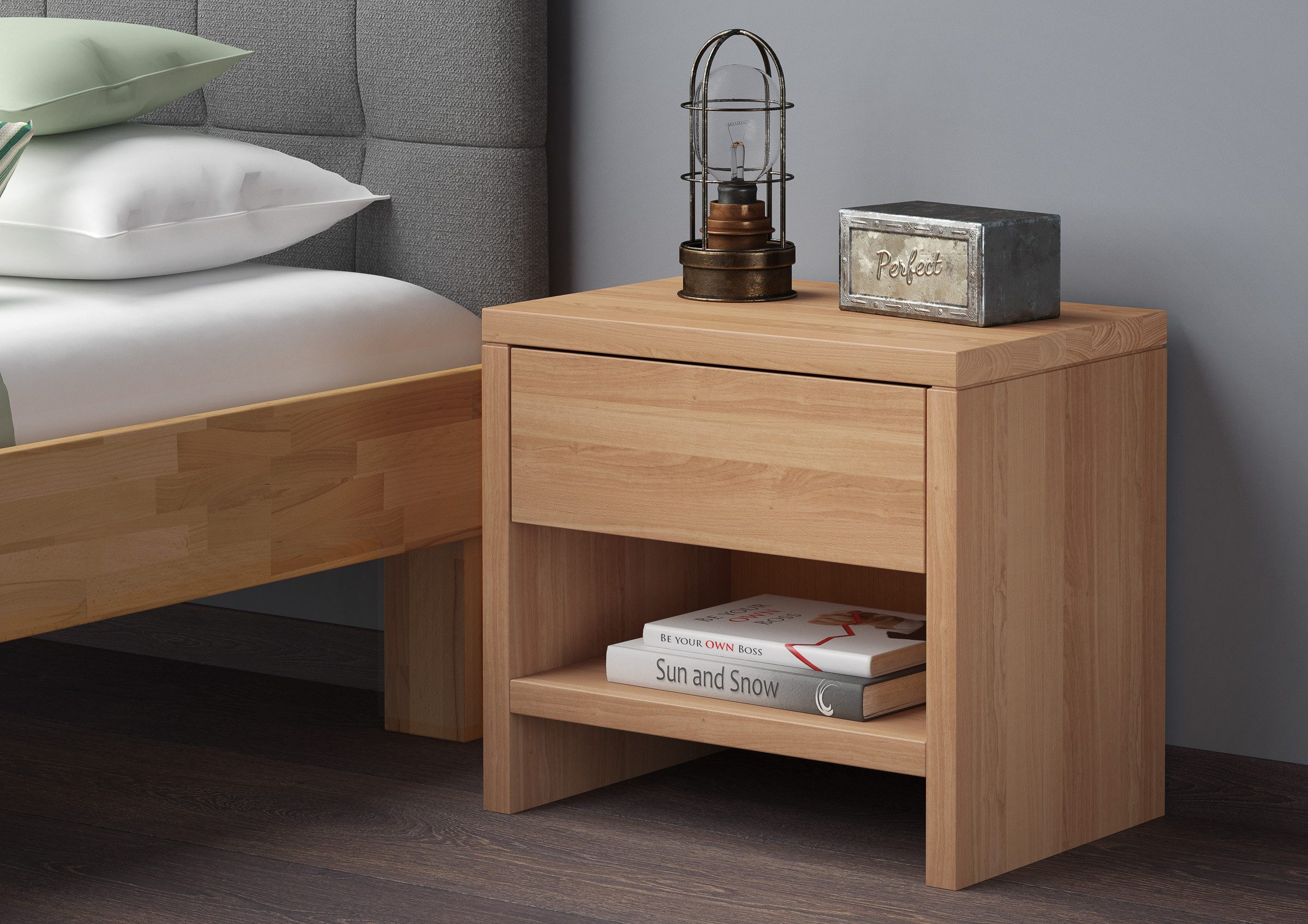 ERST-HOLZ Nachtkommode Hochwertiger Massivholz-Nachttisch Buche Nachtkonsole mit Schublade, 90.20-K39 - Nachttisch Buche farblos lackiert-Schublade oben