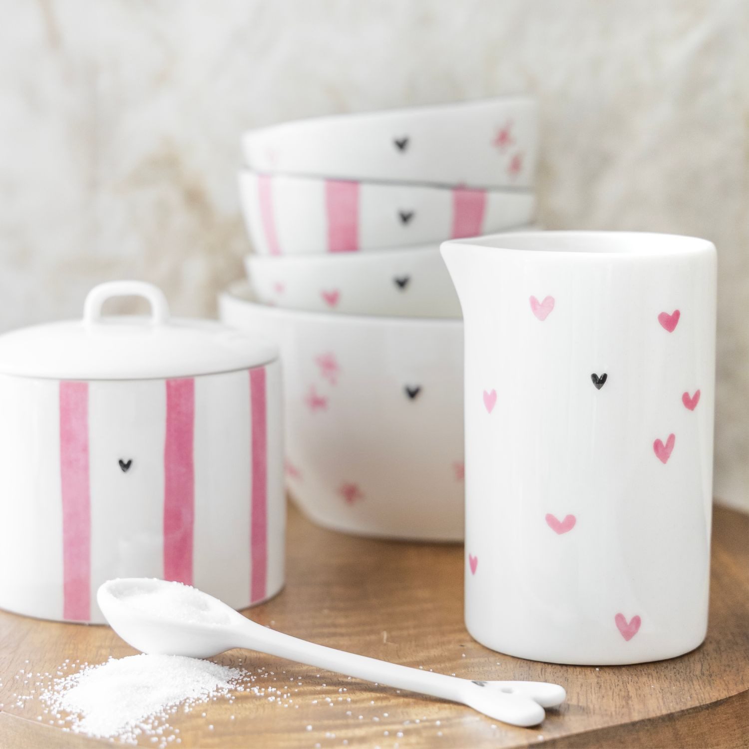 Bastion Collections Milch- und Zuckerset Rose, Keramik, Spülmaschinengeeignet, Weiß, Herzen, H: 10cm