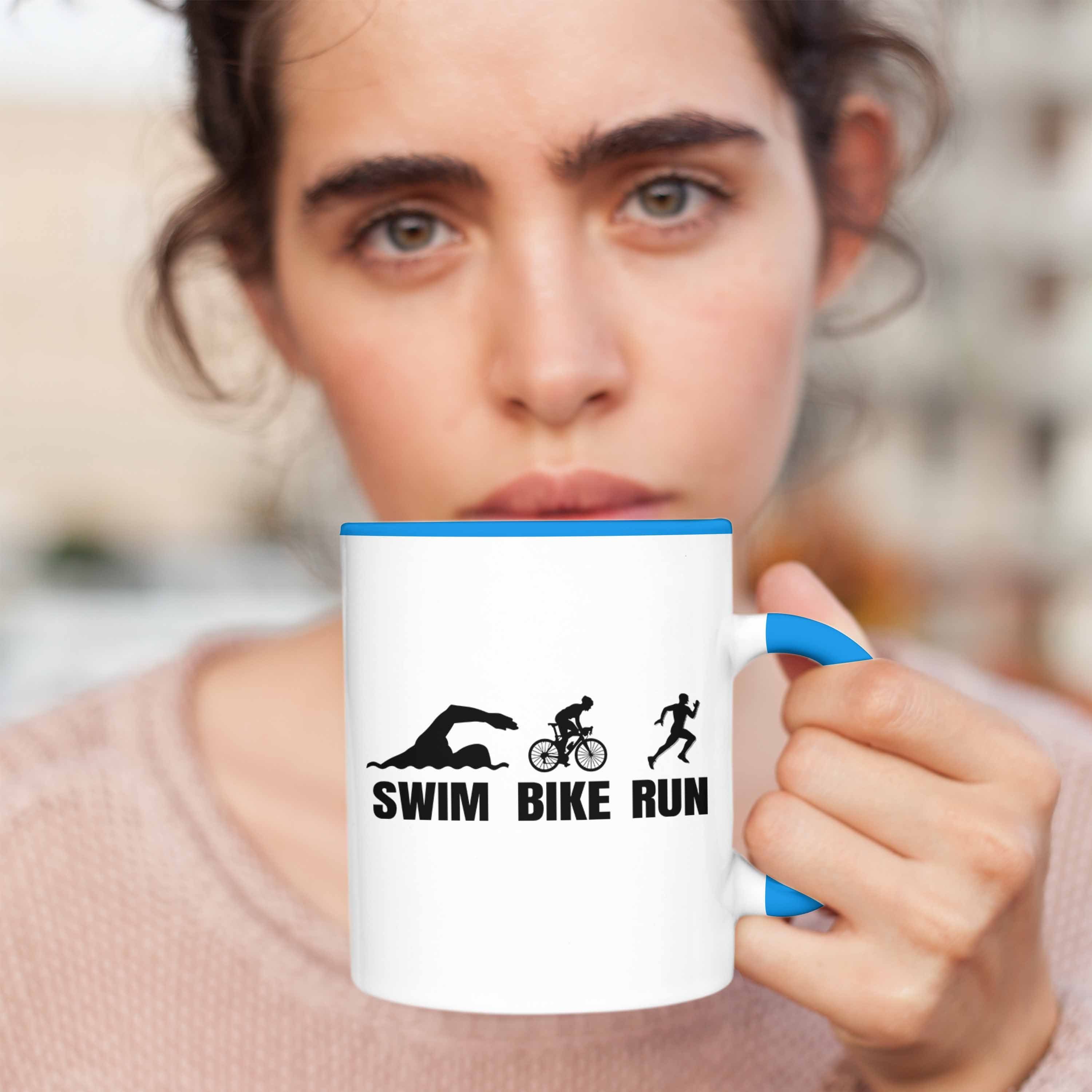 Swim Geschenk Blau Tasse Sportl Bike Spruch Geschenkidee Trendation Triathlon Tasse für Run