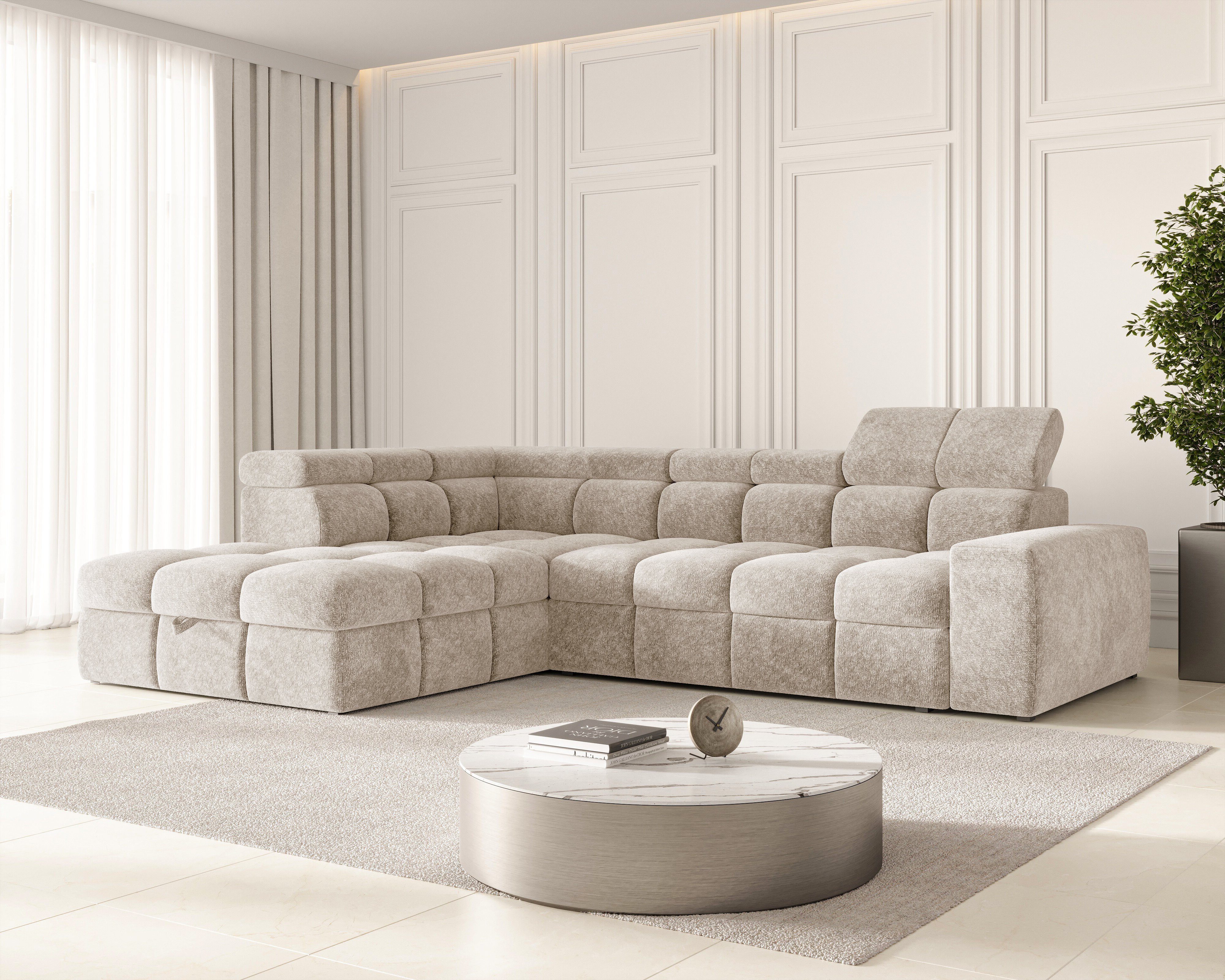 ROYAL24_MARKT Ecksofa - Bianco – Schlafsofa mit Bettkasten & Kopfstützen, Ecksofa 1 Teile, 6-fach verstellbare Kopfstützen, Schlaffunktion, Bettkasten