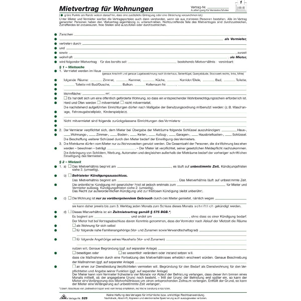RNK Verlag Formularblock Mietvertrag für Wohnungen ausführlich A4