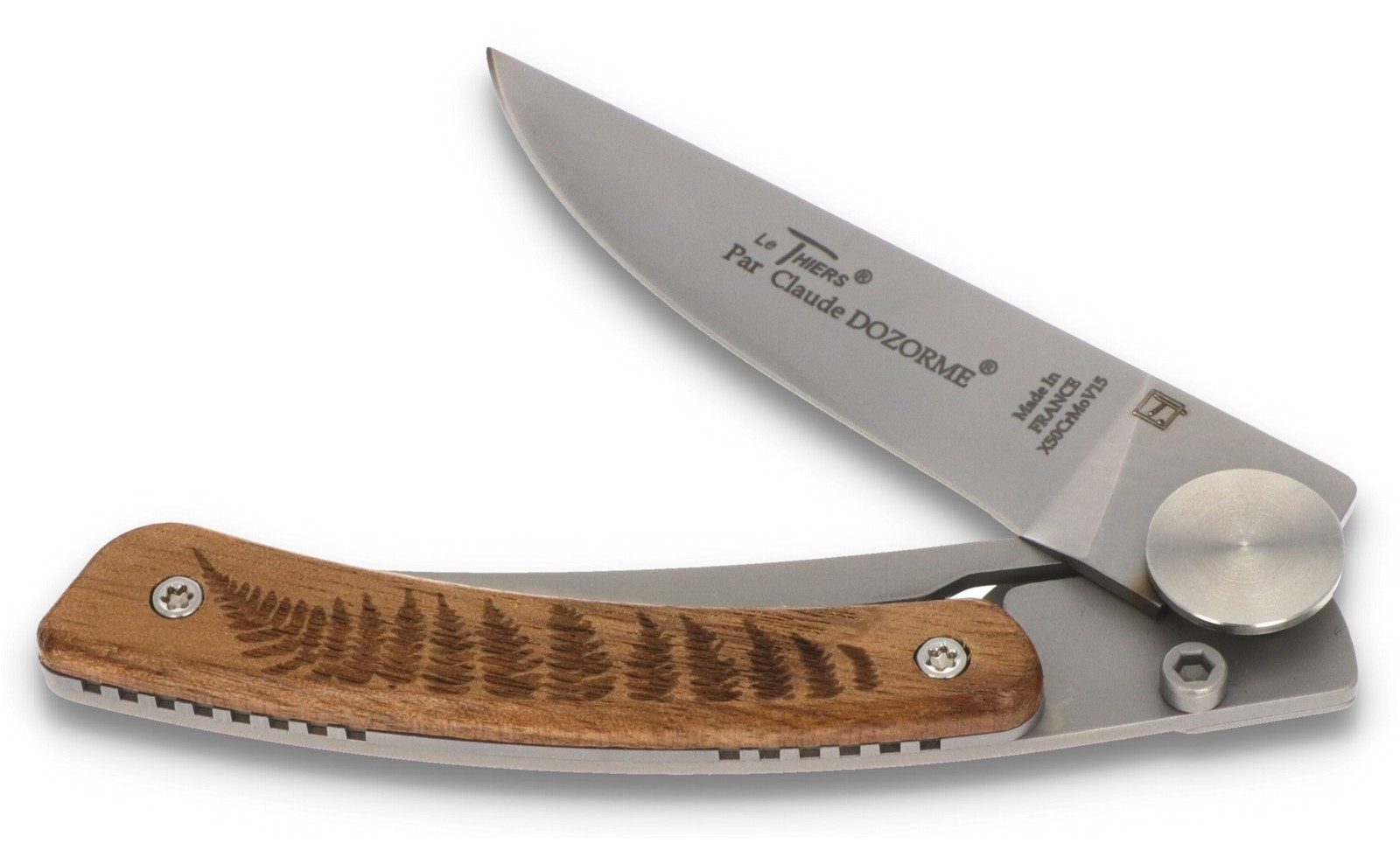 Claude Dozorme Taschenmesser 1.90.142.46FOU, Le Thiers "Farn" - Griff 10cm Eiche - LinerLock - Clip - Stahl matt
