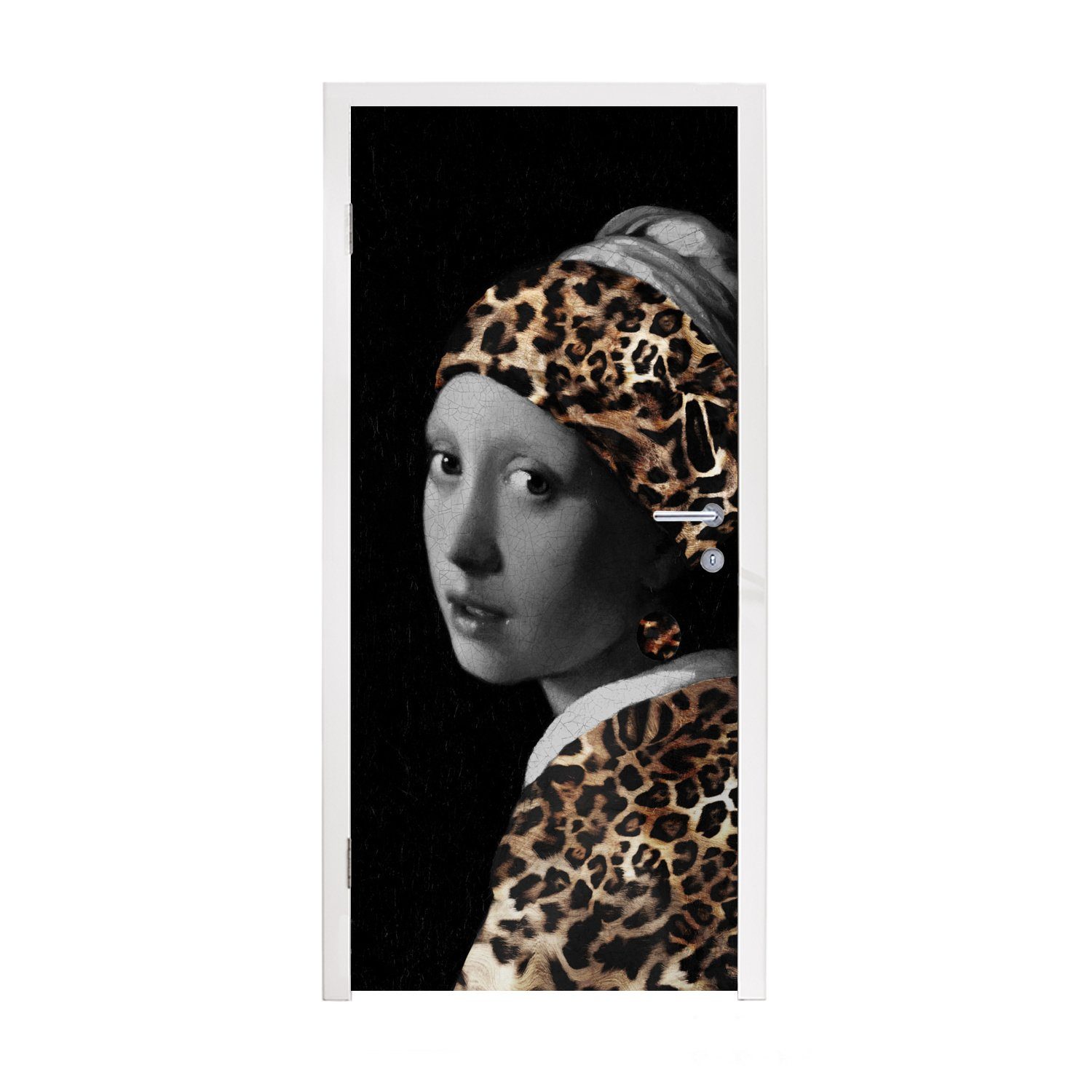 MuchoWow Türtapete Das Mädchen mit dem Perlenohrring - Pantherdruck - Vermeer, Matt, bedruckt, (1 St), Fototapete für Tür, Türaufkleber, 75x205 cm