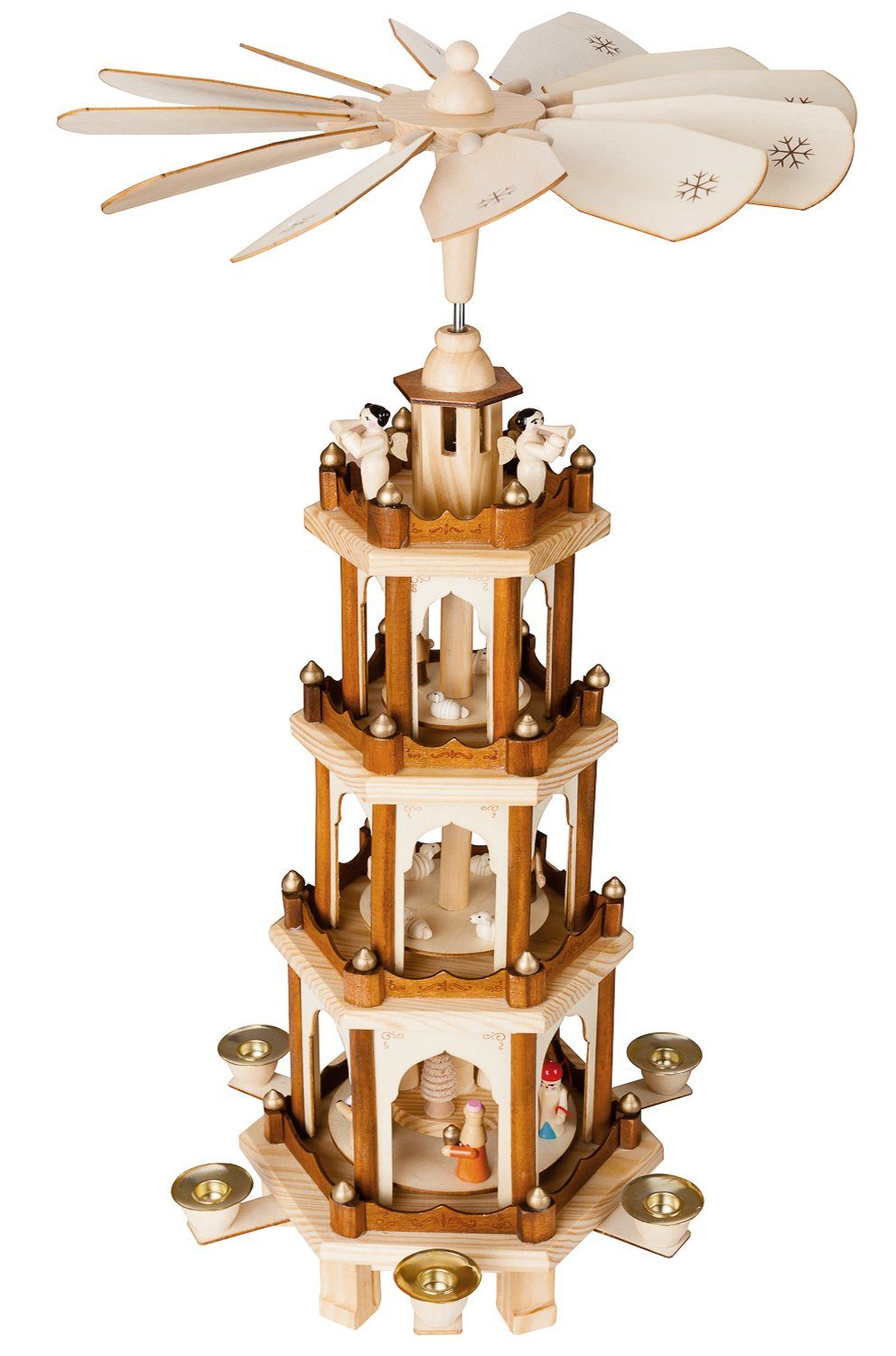 Weihnachtspyramide Naturfarbene Holzpyramide mit 4 Etagen, handbemalte Figuren