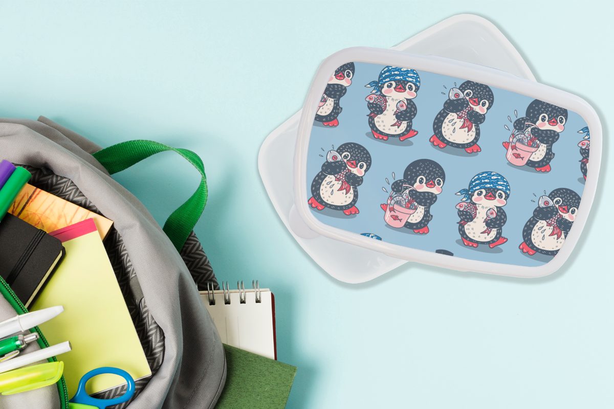 MuchoWow Lunchbox Pinguin Kinder weiß - Gestaltung Brotdose, Brotbox und für Fisch, für Erwachsene, Mädchen - (2-tlg), Kunststoff, und Jungs
