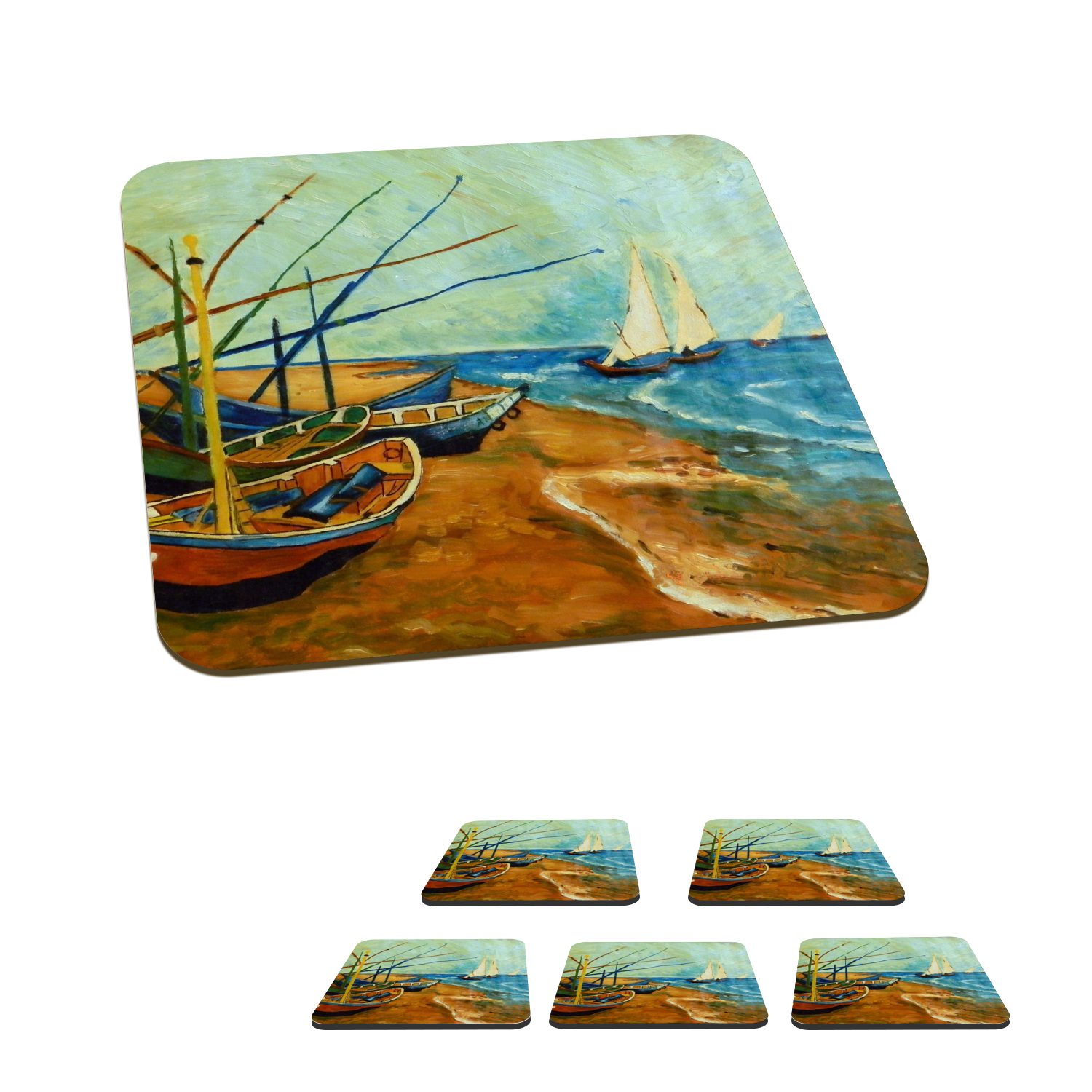 MuchoWow Glasuntersetzer Fischerboote am Strand - Gemälde von Vincent van Gogh, Zubehör für Gläser, 6-tlg., Glasuntersetzer, Tischuntersetzer, Korkuntersetzer, Untersetzer, Tasse