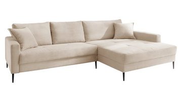 Massivart® Ecksofa SUMMER Cord creme / 276 cm, Cordsofa, Nosagunterfederung, schwarze Metallbeine